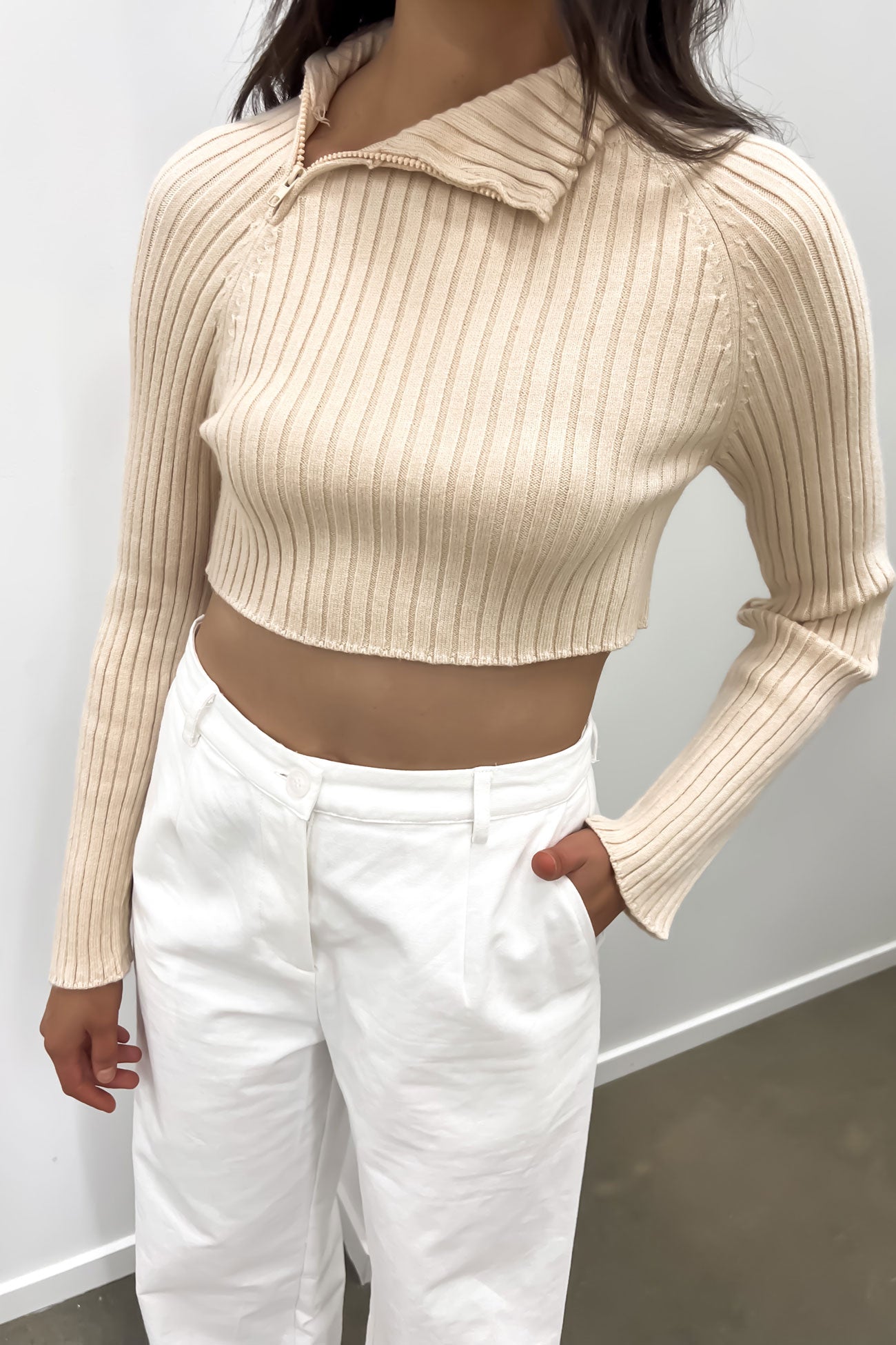 Beige High Neck Crop Wool Sweater Plus Cream Soft Cable Knit Roll