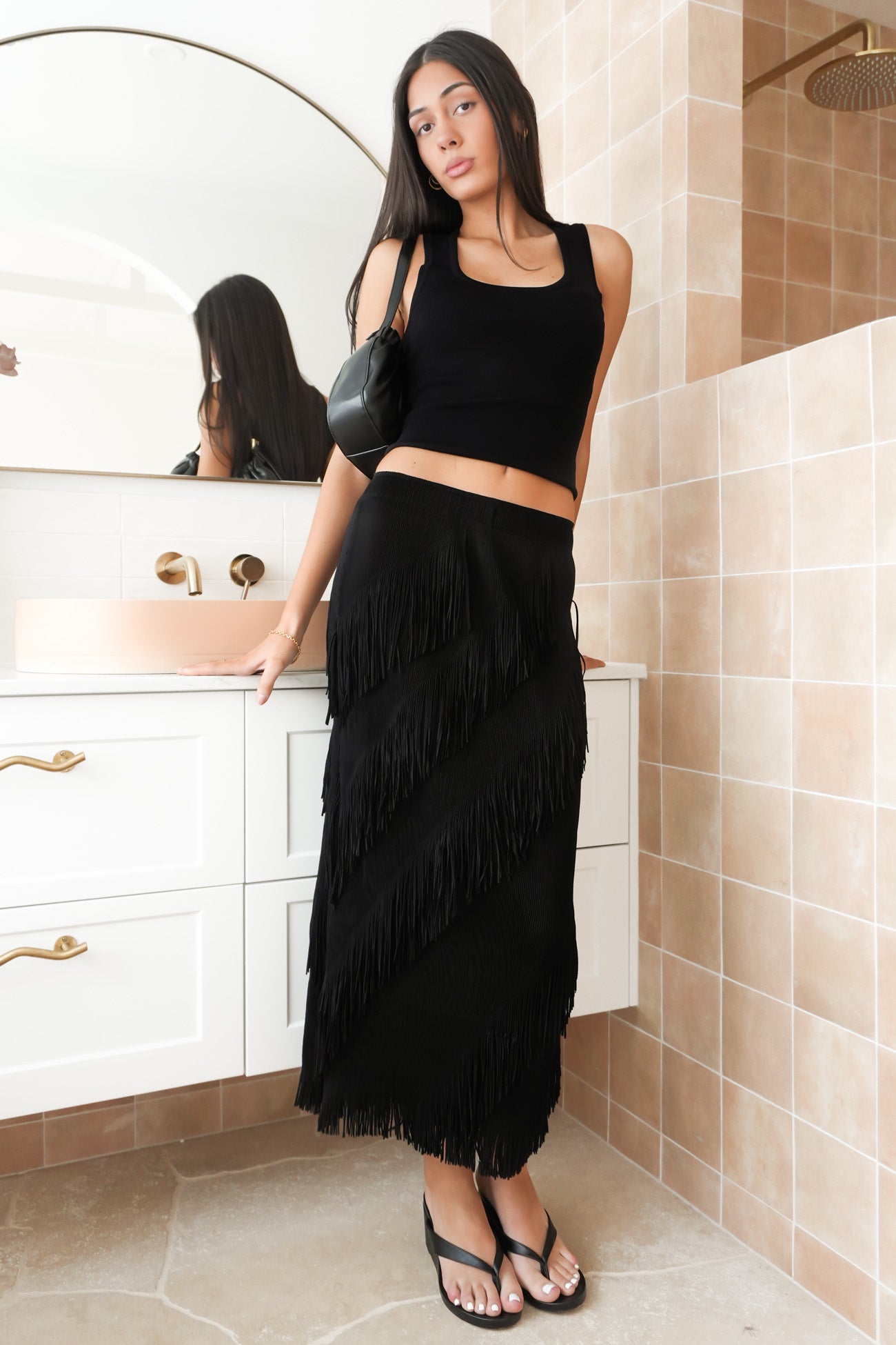 Keely Fringe Midi Skirt Black