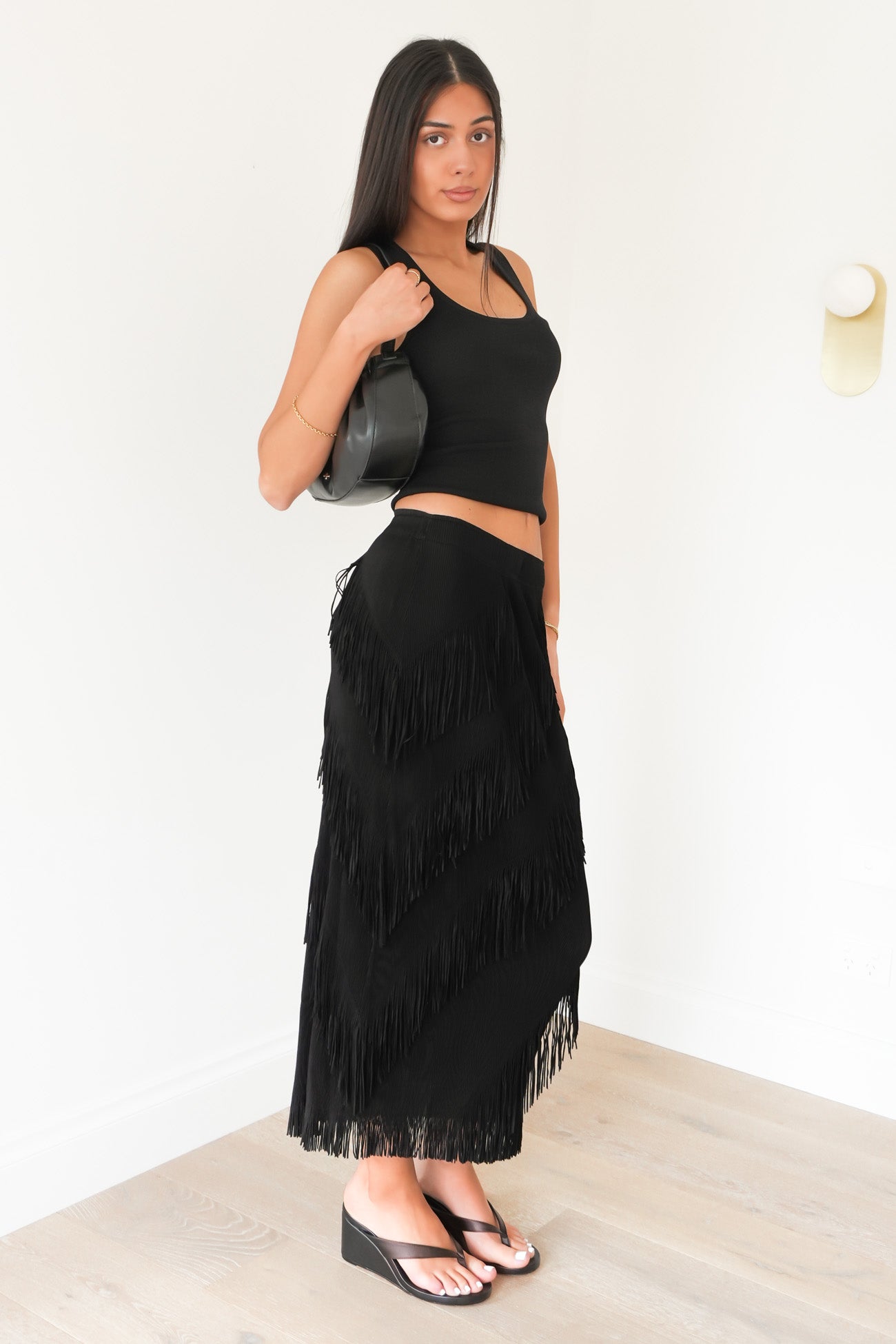 Keely Fringe Midi Skirt Black