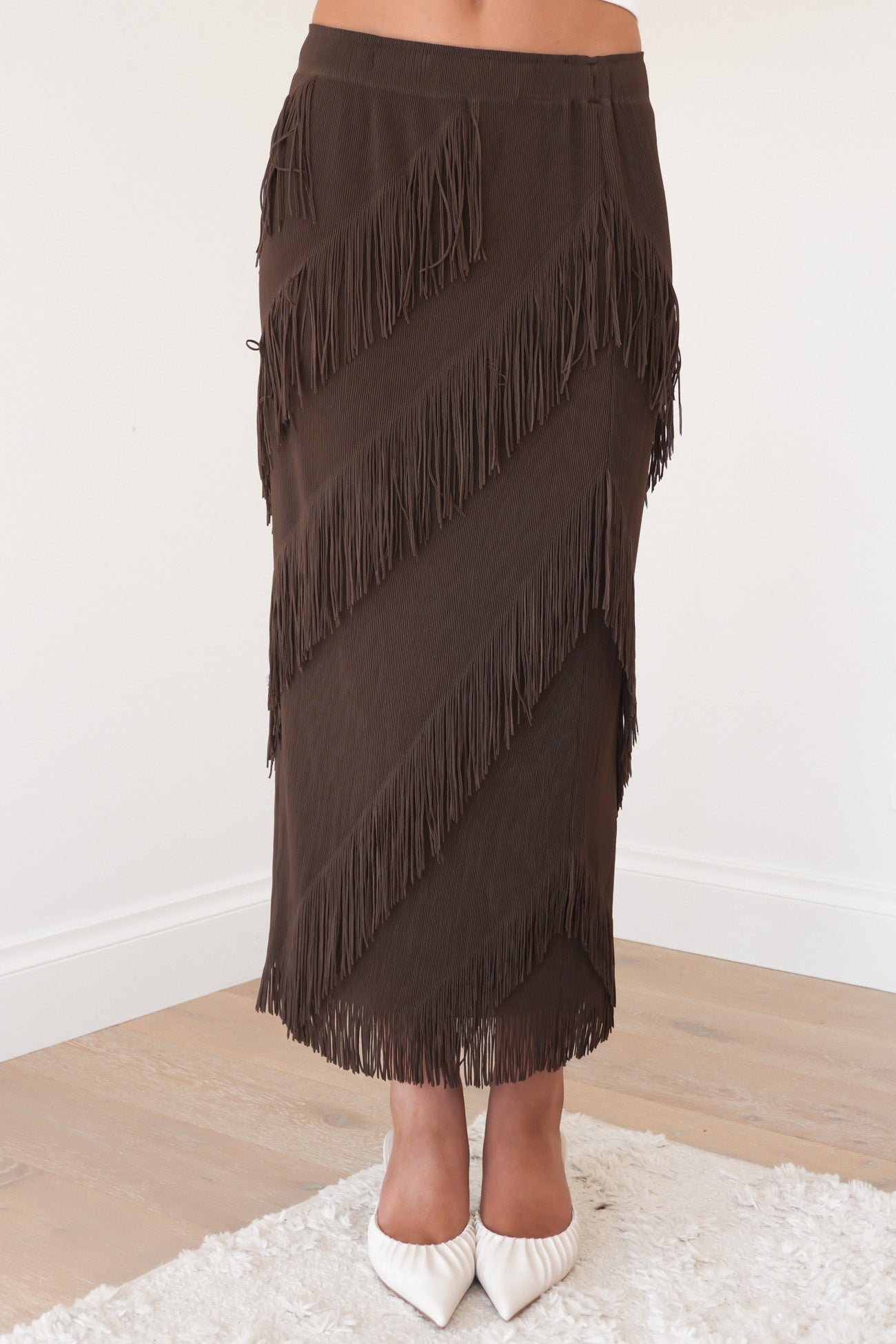 Keely Fringe Midi Skirt Chocolate