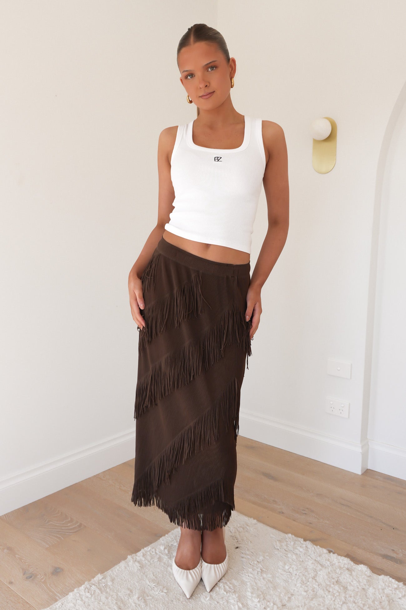 Keely Fringe Midi Skirt Chocolate