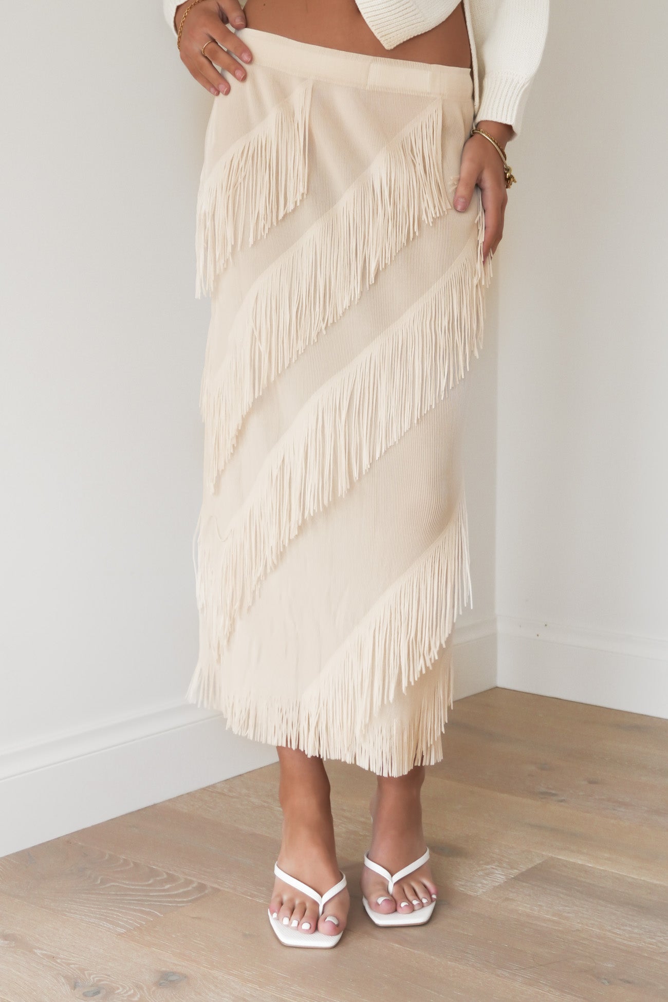 Keely Fringe Midi Skirt Ivory