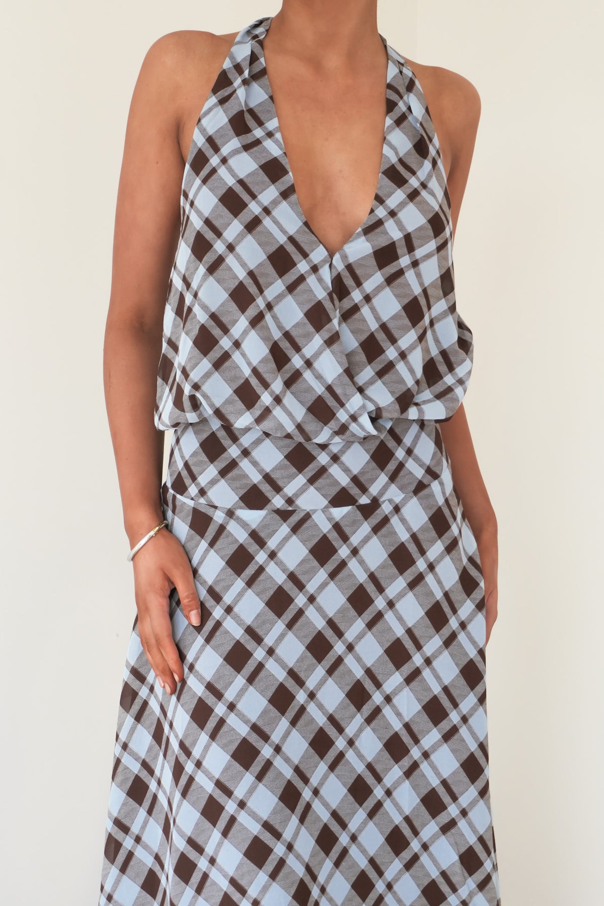 Kiera Halter Maxi Dress Chocolate Blue Check