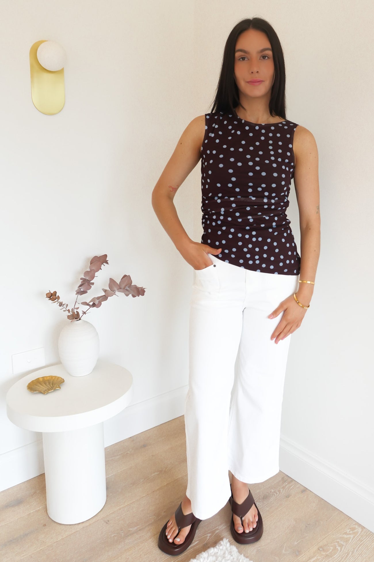 Kieran Top Chocolate Blue Polka Dot