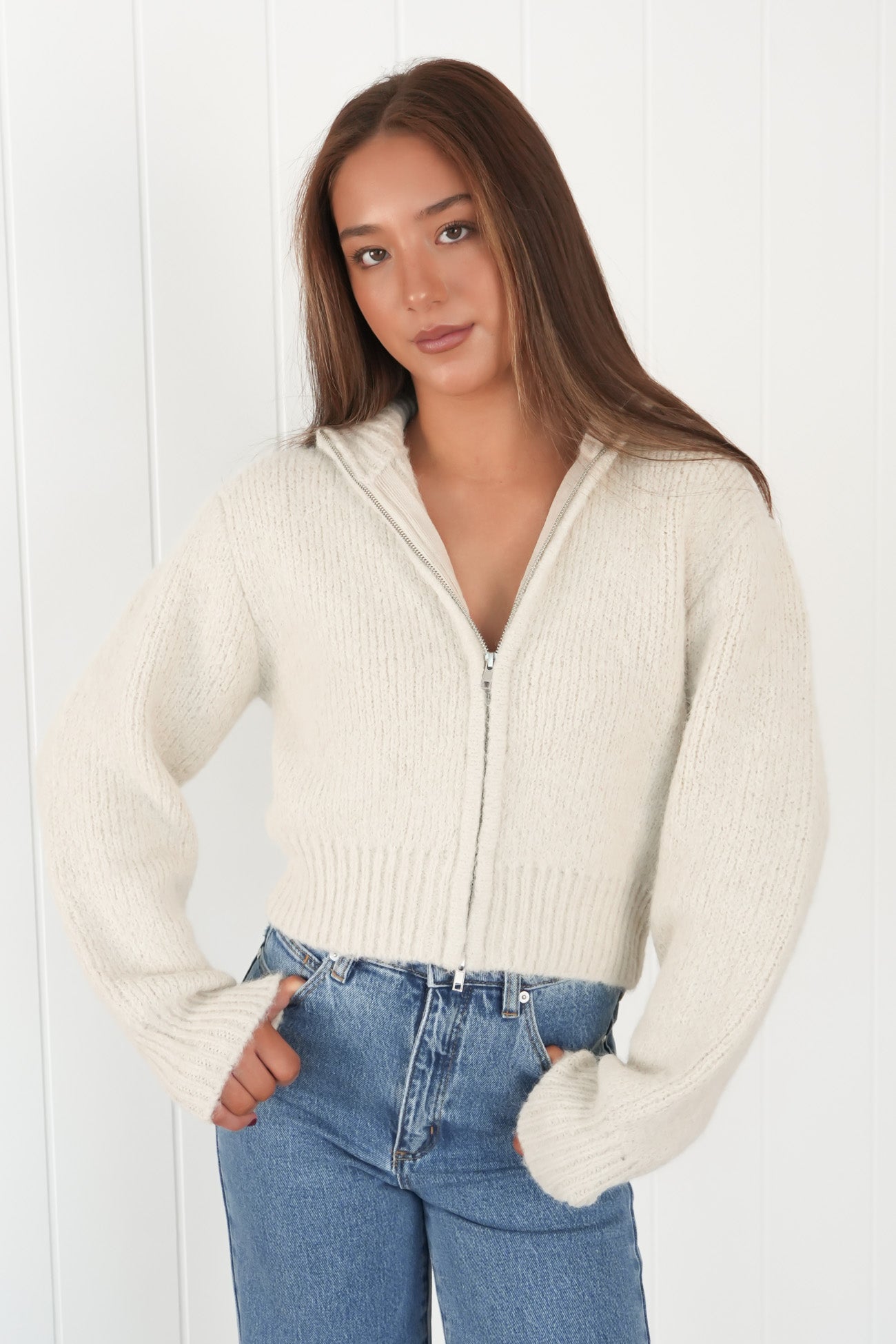 Leila Zip Thru Jumper Chalk