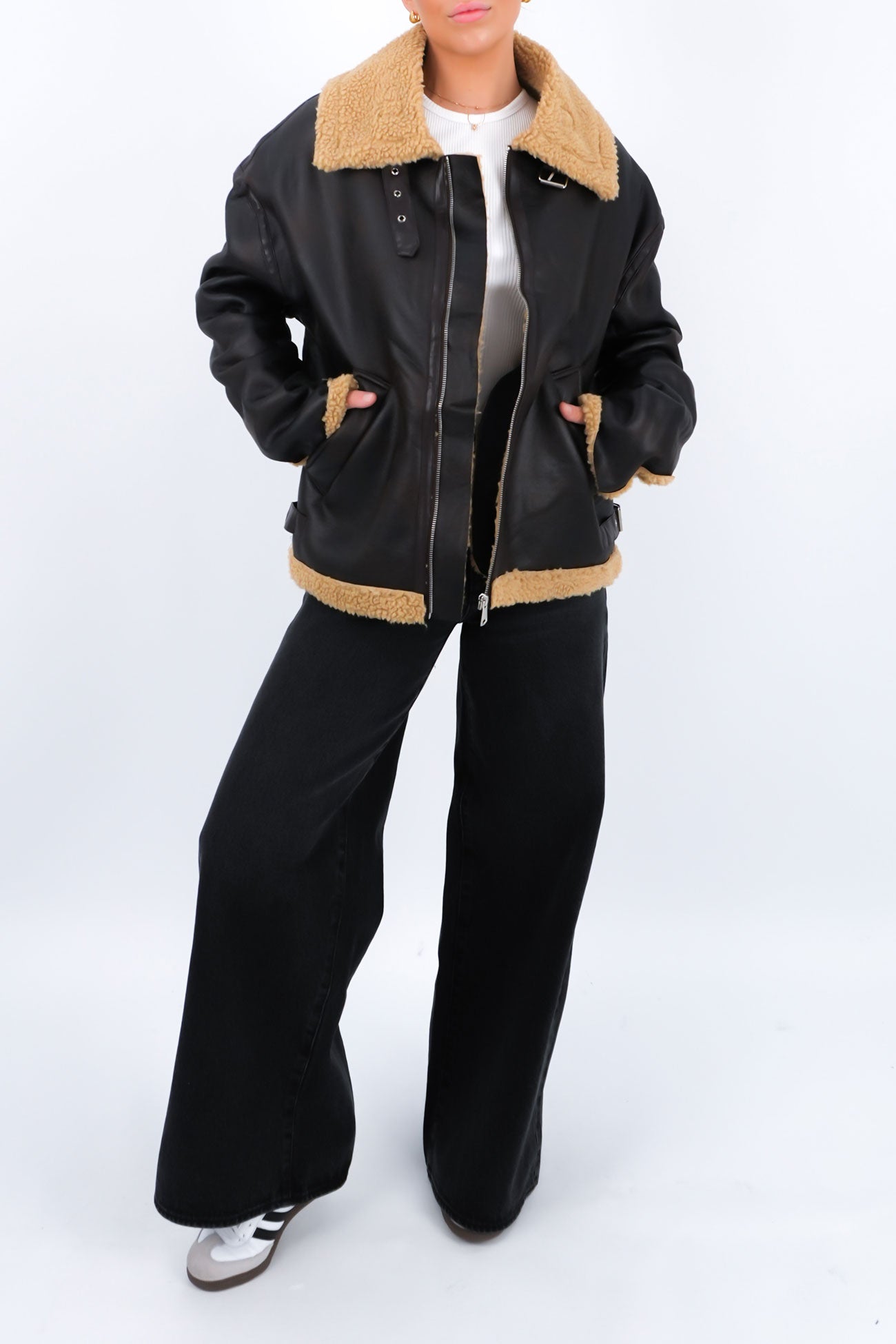 Lissy Pleather Aviator Jacket Brown