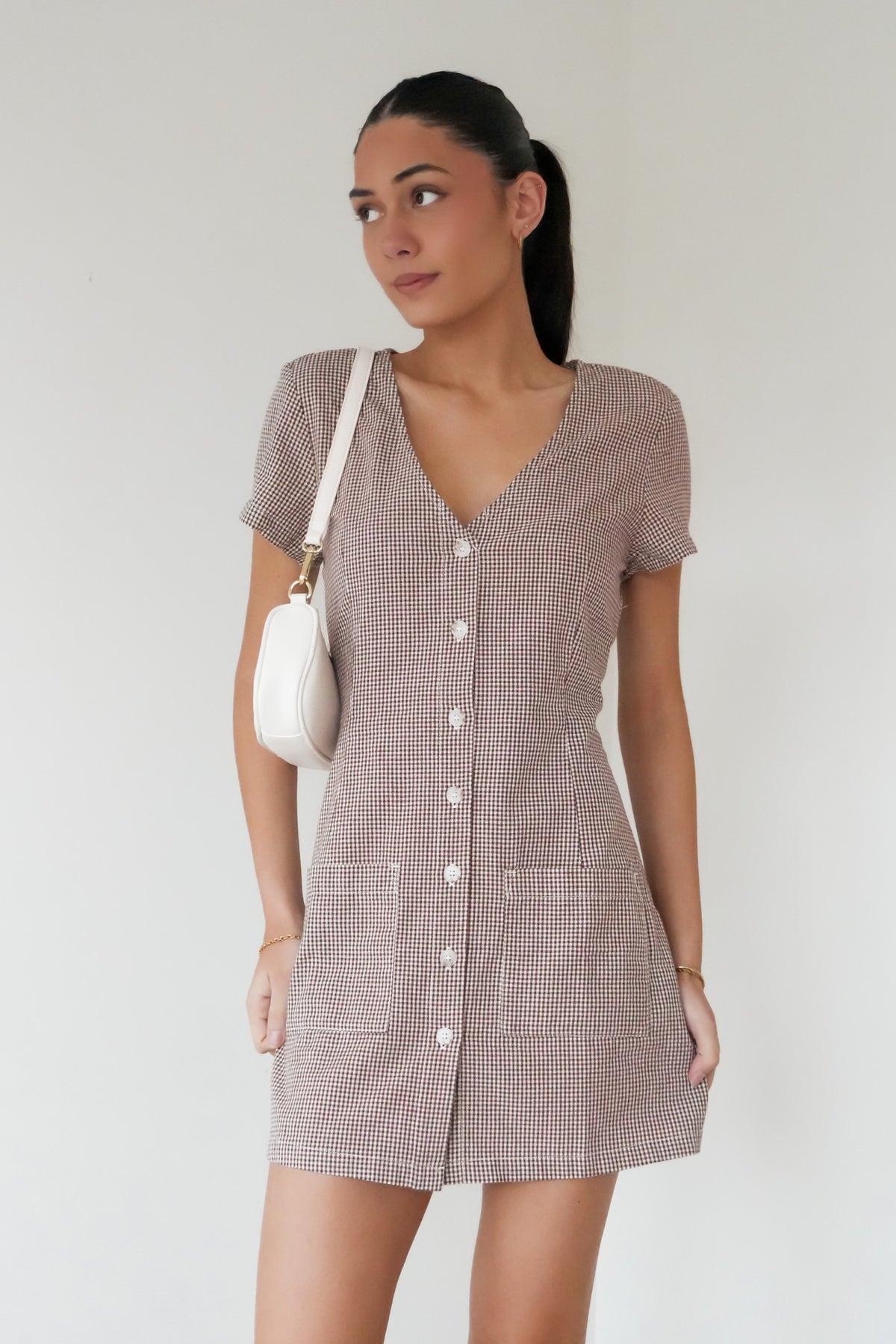London Check Button Front Mini Dress Chocolate