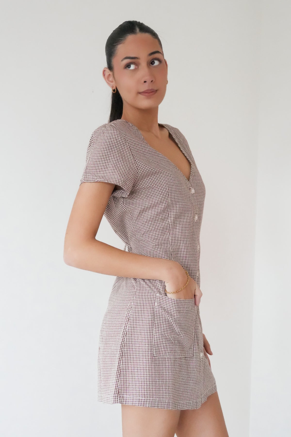 London Check Button Front Mini Dress Chocolate