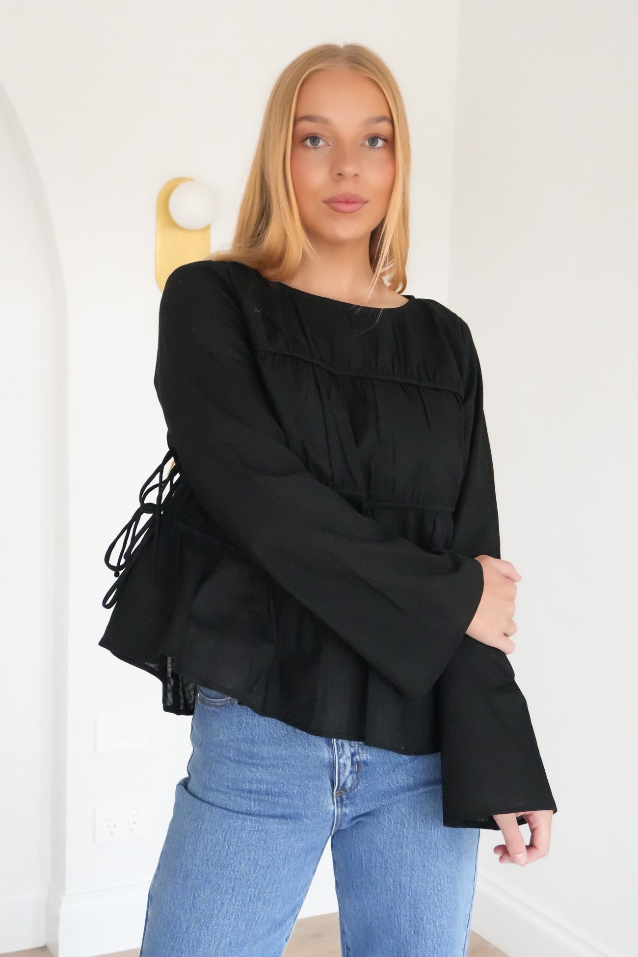 Lou Lou Tie Long Sleeve Top Black
