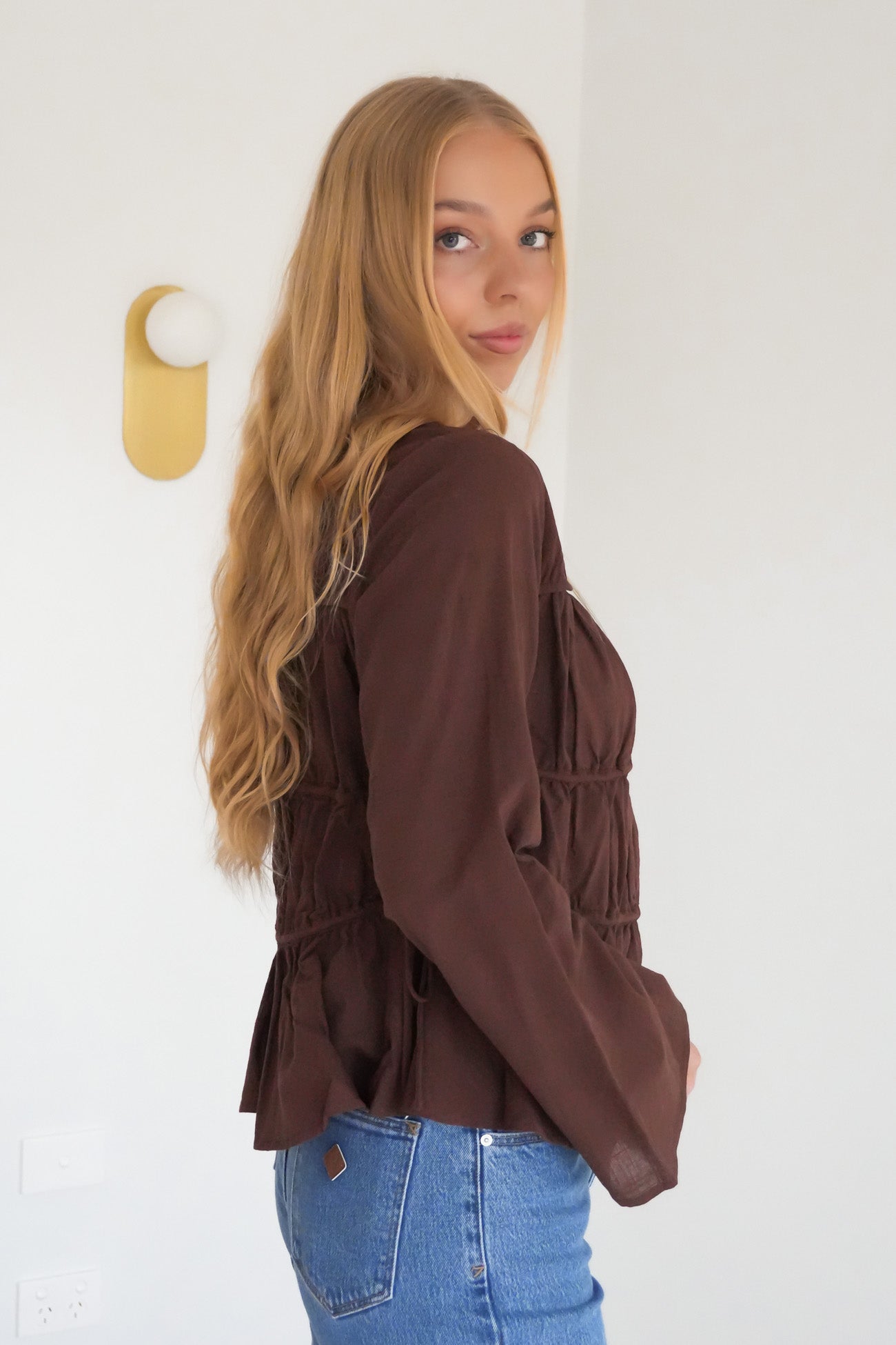 Lou Lou Tie Long Sleeve Top Brown