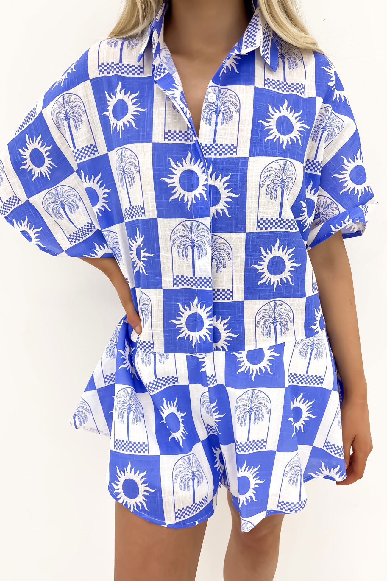 Lucia Playsuit White Blue Sun Palm Checkers