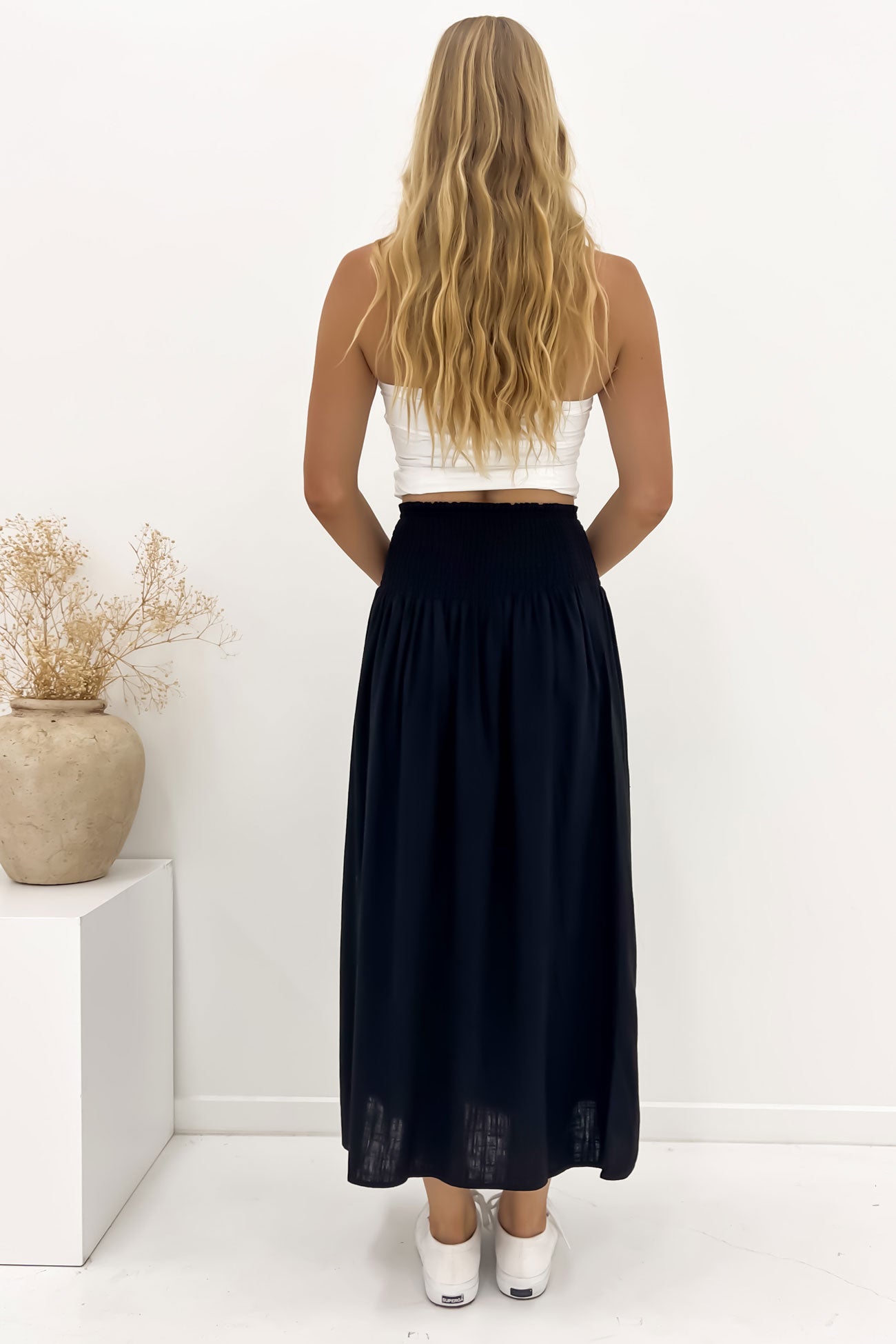 Luxe Linen Shirred Maxi Skirt Black