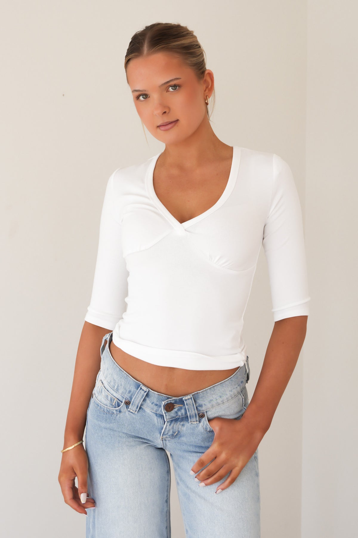 Luxe Rib Vee Quarter Sleeve Top White