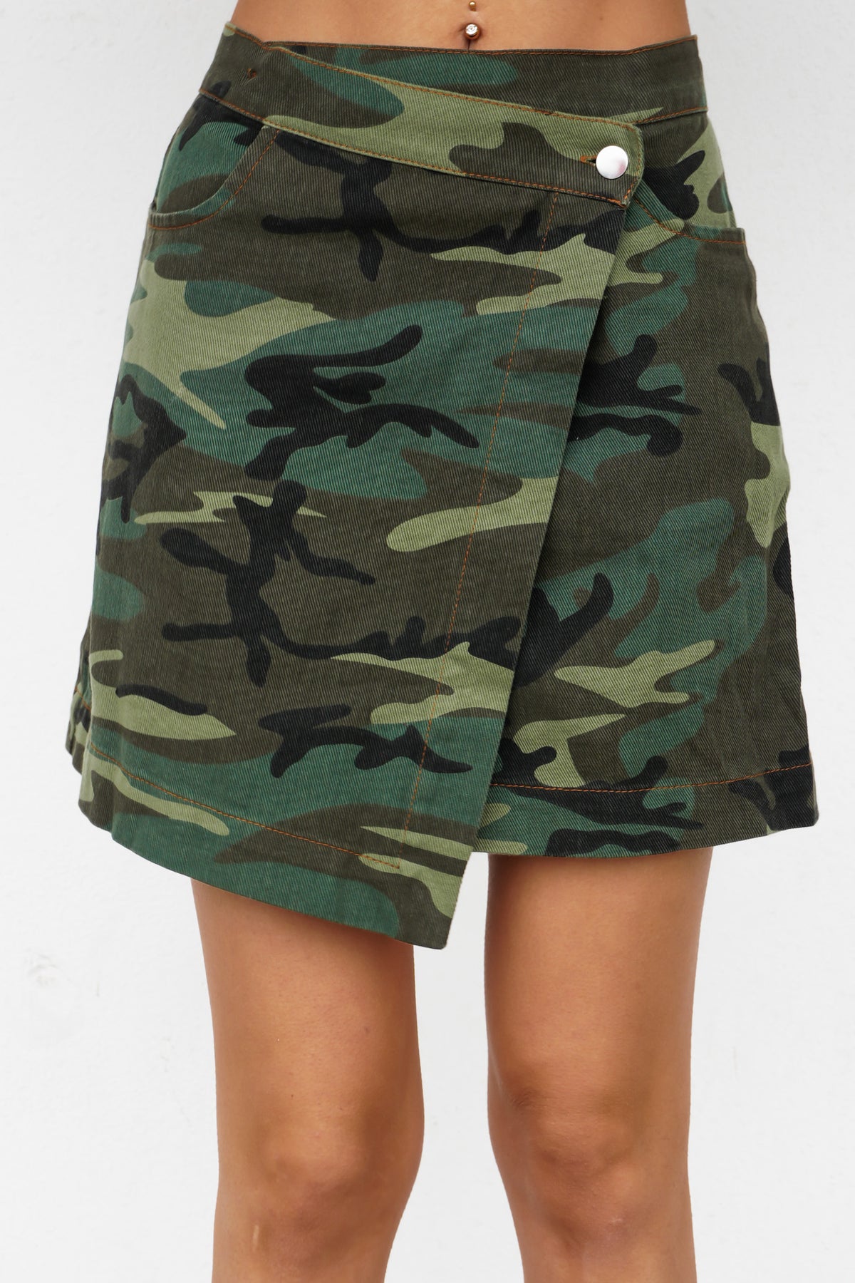 Maysen Denim Wrap Mini Skirt Dark Camo