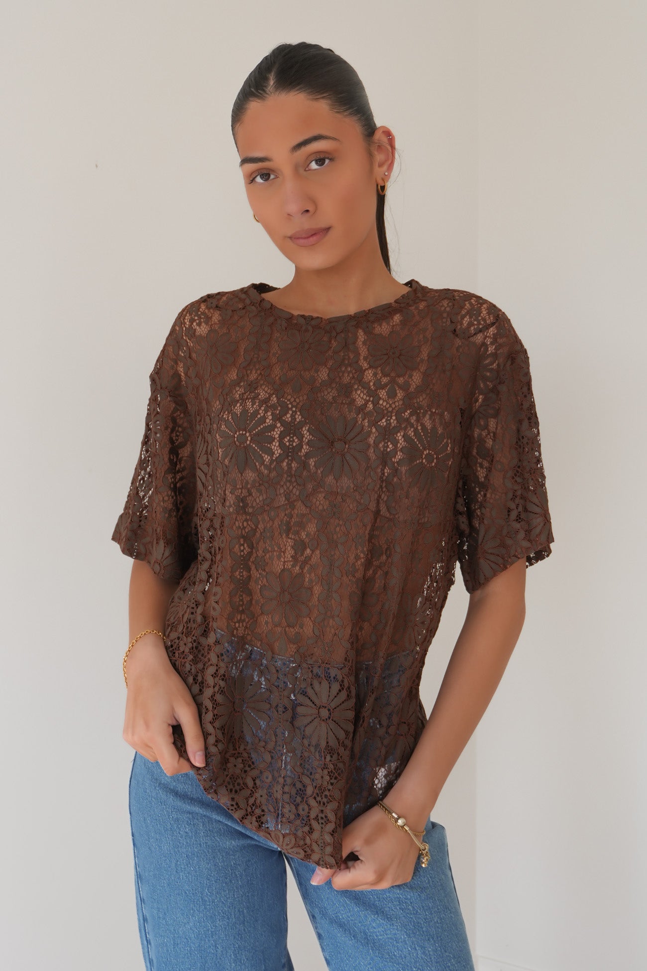 Narella Lace Tee Chocolate