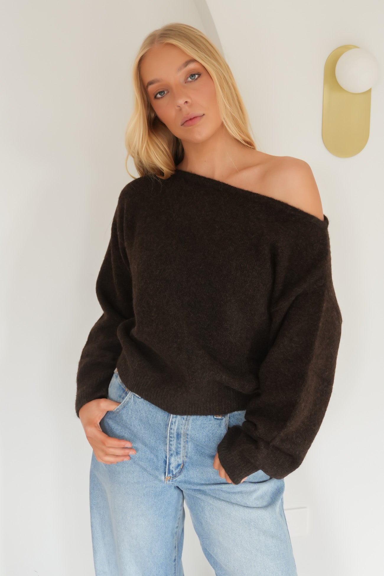 Off Shoulder Knit Jumper Chocolate