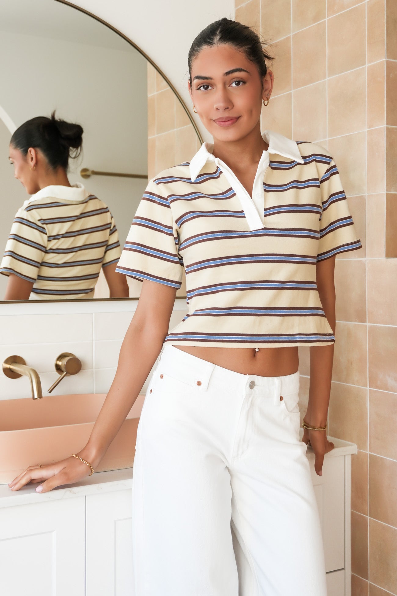 Piper Polo Tee Cream Blue Stripe