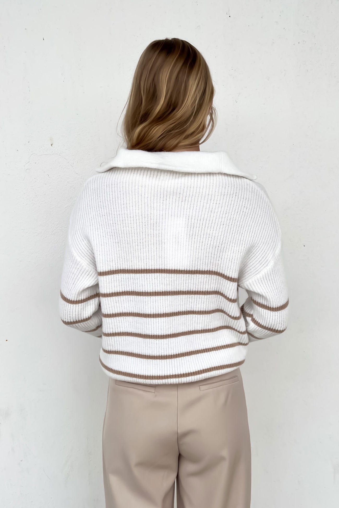 Rachael 1/4 Zip Knit Jumper White Camel Stripe