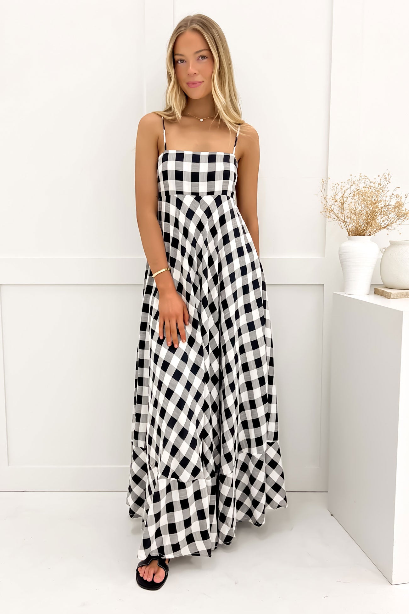 chinese dress ladies Gingham Maxi Dress (Black & White)