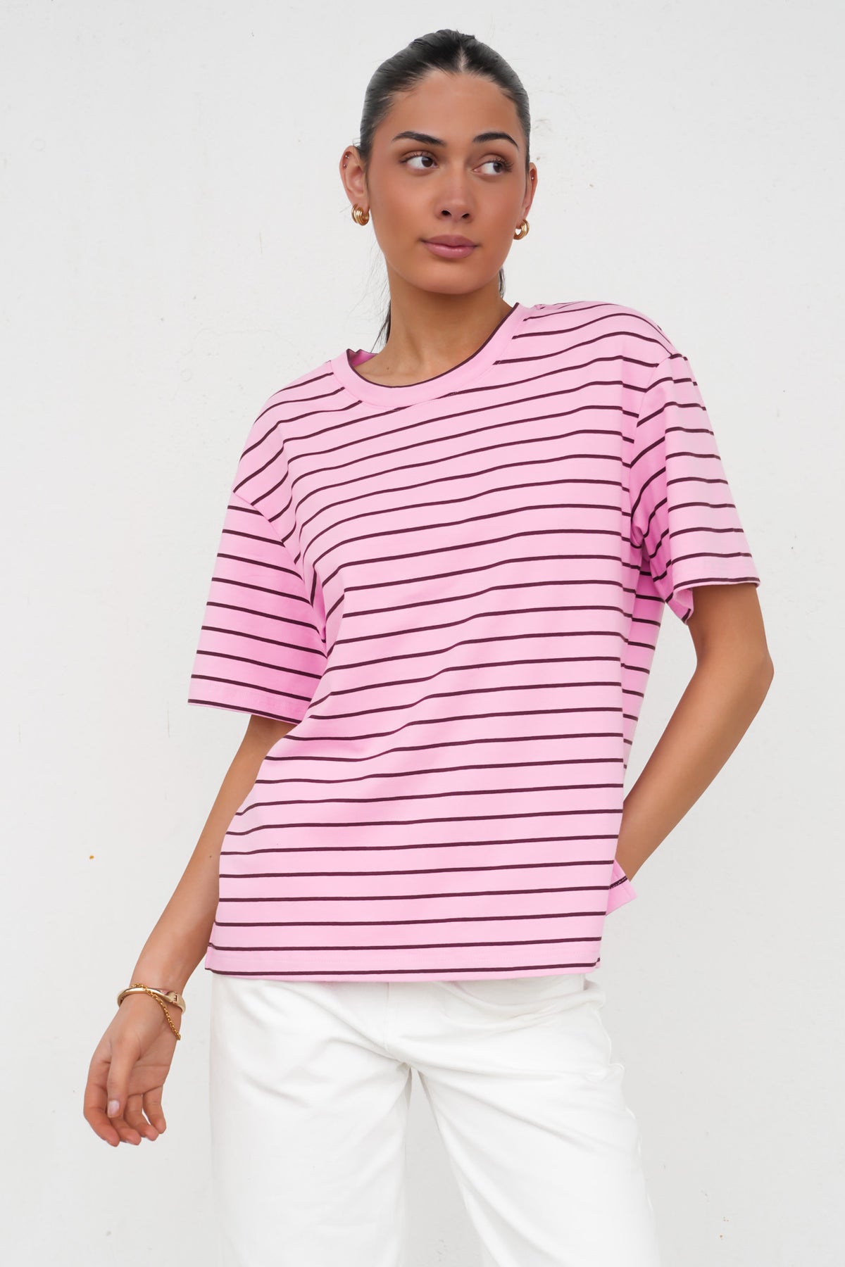 Relax Boxy Tee Pink Chocolate Stripe