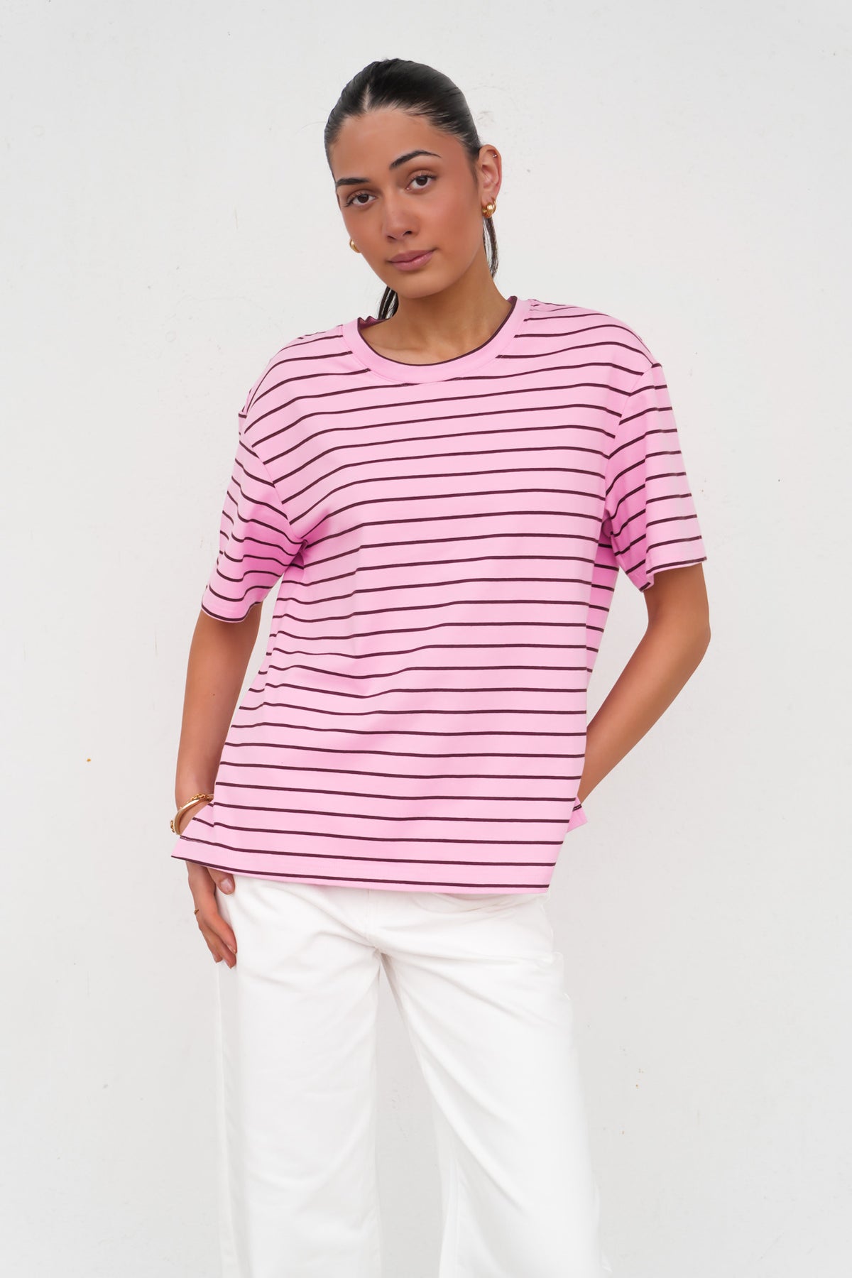 Relax Boxy Tee Pink Chocolate Stripe