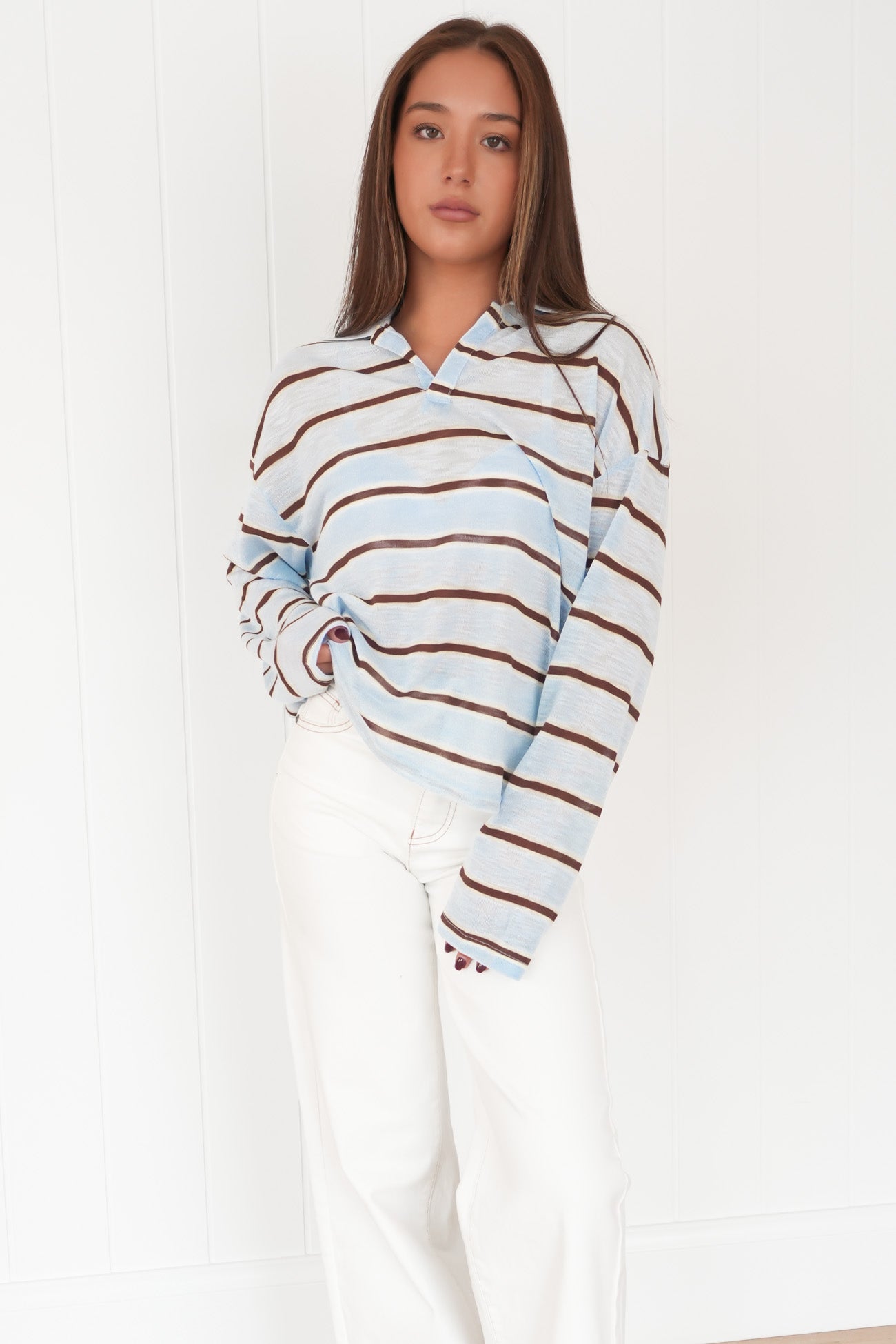 Romie Long Sleeve Polo Blue Chocolate Stripe