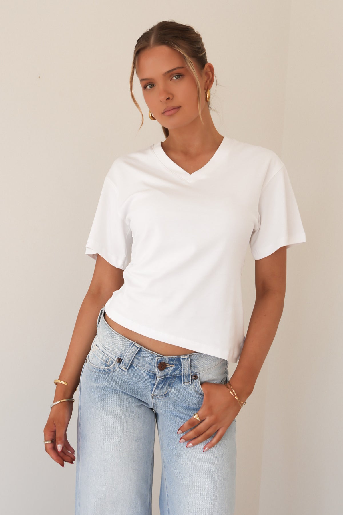 Ruched Vee Tee White