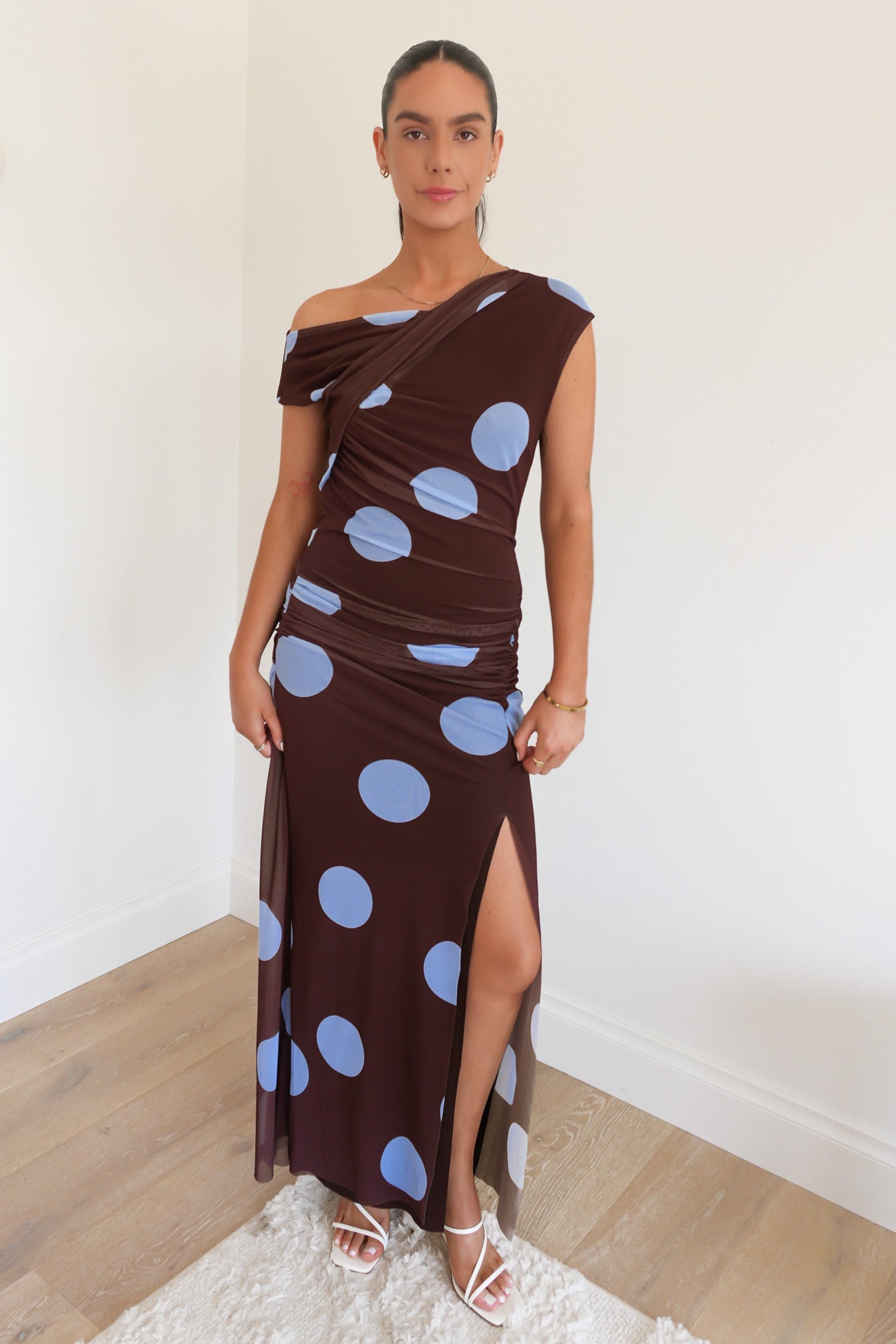 Sabina Maxi Dress Chocolate Blue Polka Dot Sabina Maxi Dress Chocolate Blue Polka Dot
