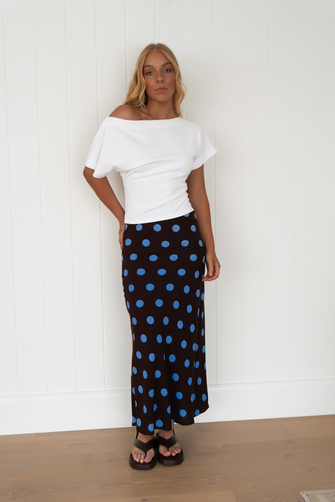 Sabrina Maxi Skirt Chocolate Blue Polka Dot