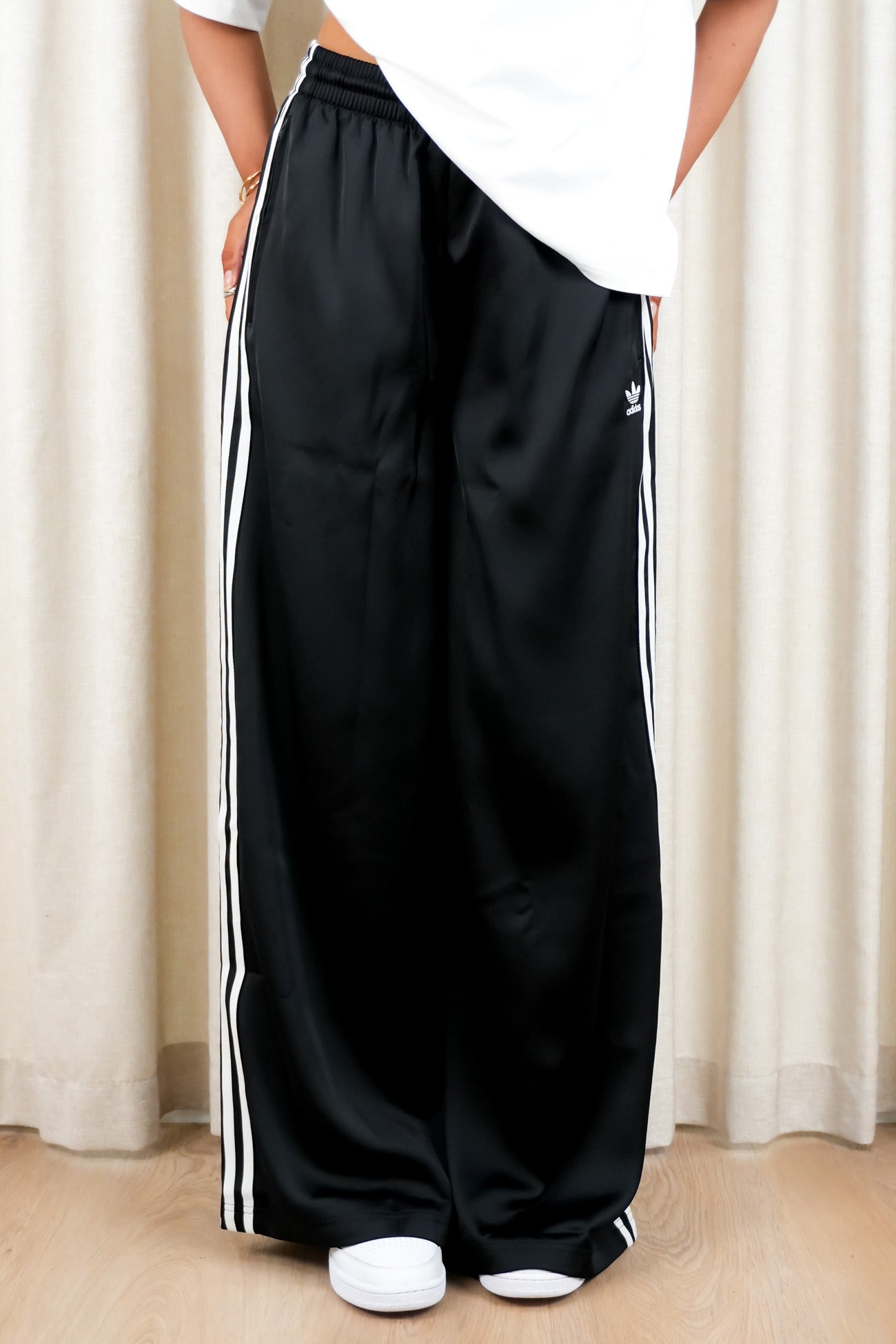 Satin Wide Leg Track Pant Black