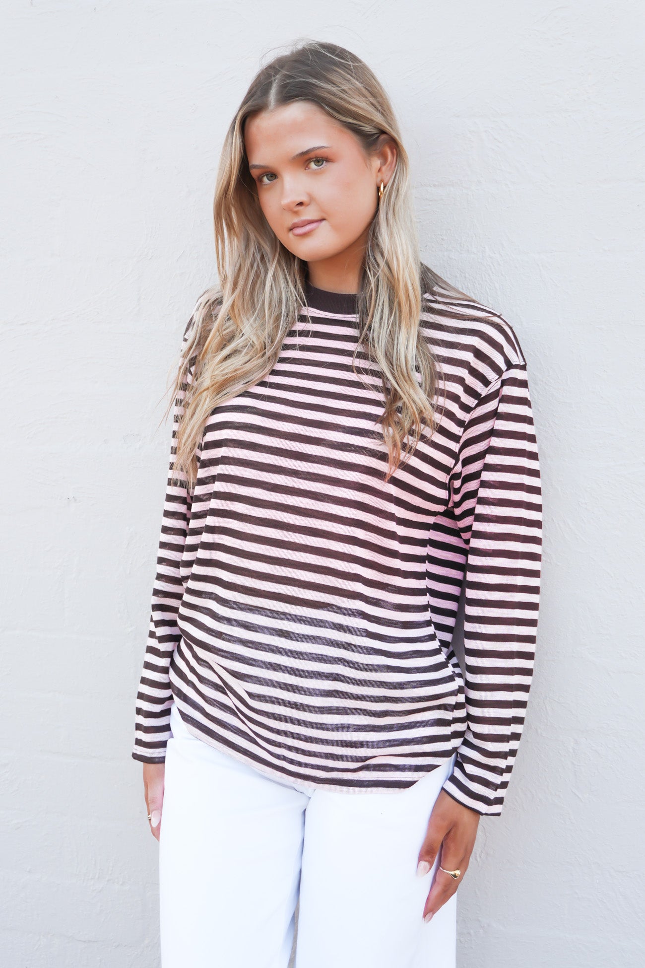 Sophia Long Sleeve Tee Chocolate Pink Stripe