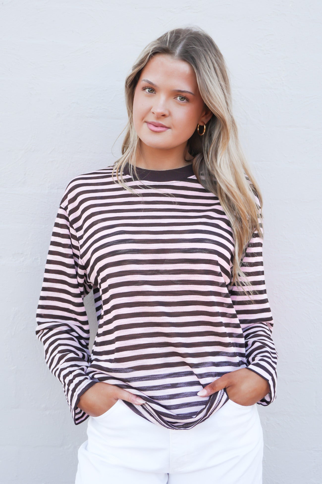 Sophia Long Sleeve Tee Chocolate Pink Stripe