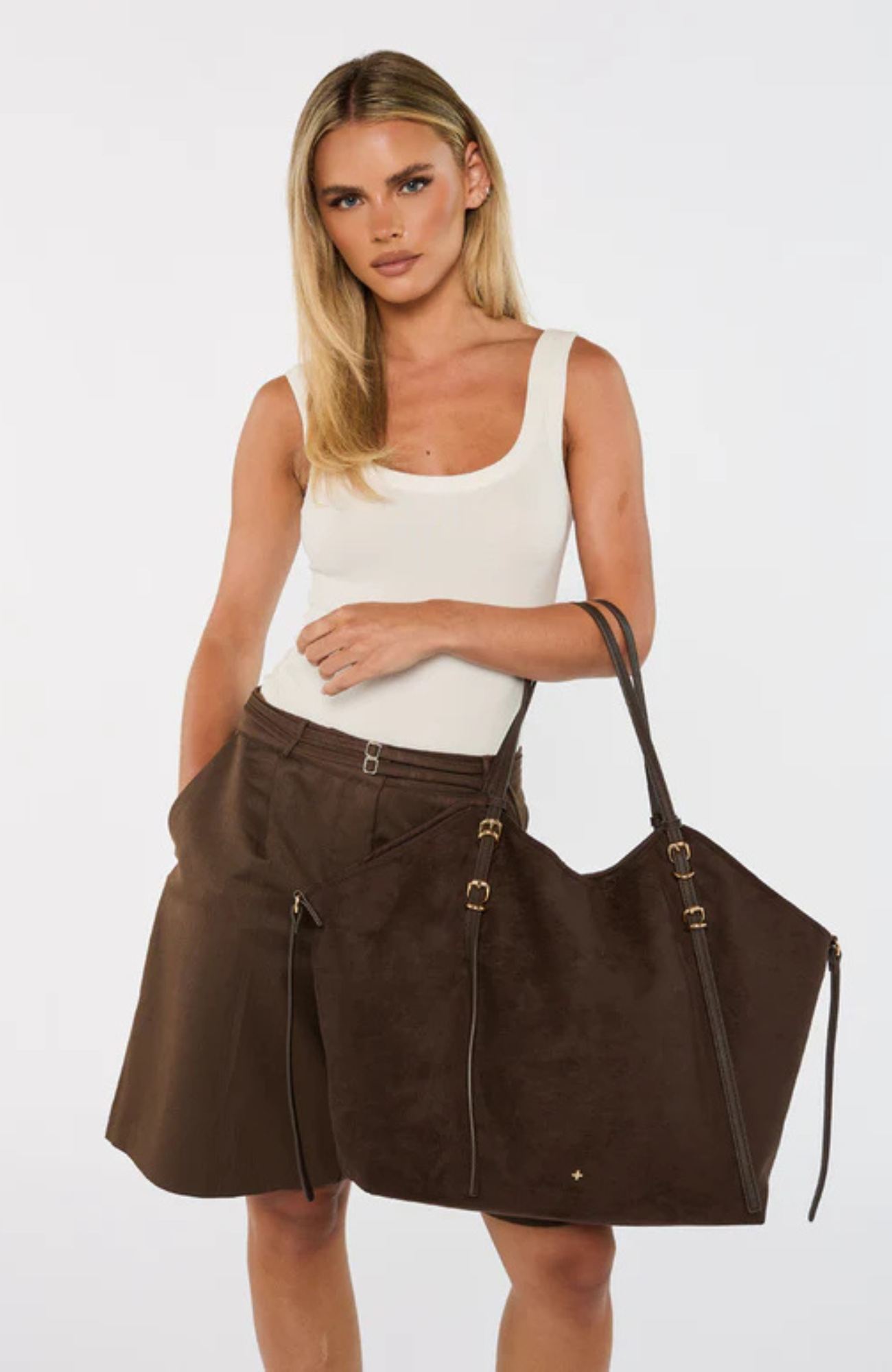 Steffy Bag Chocolate Faux Suede Gold