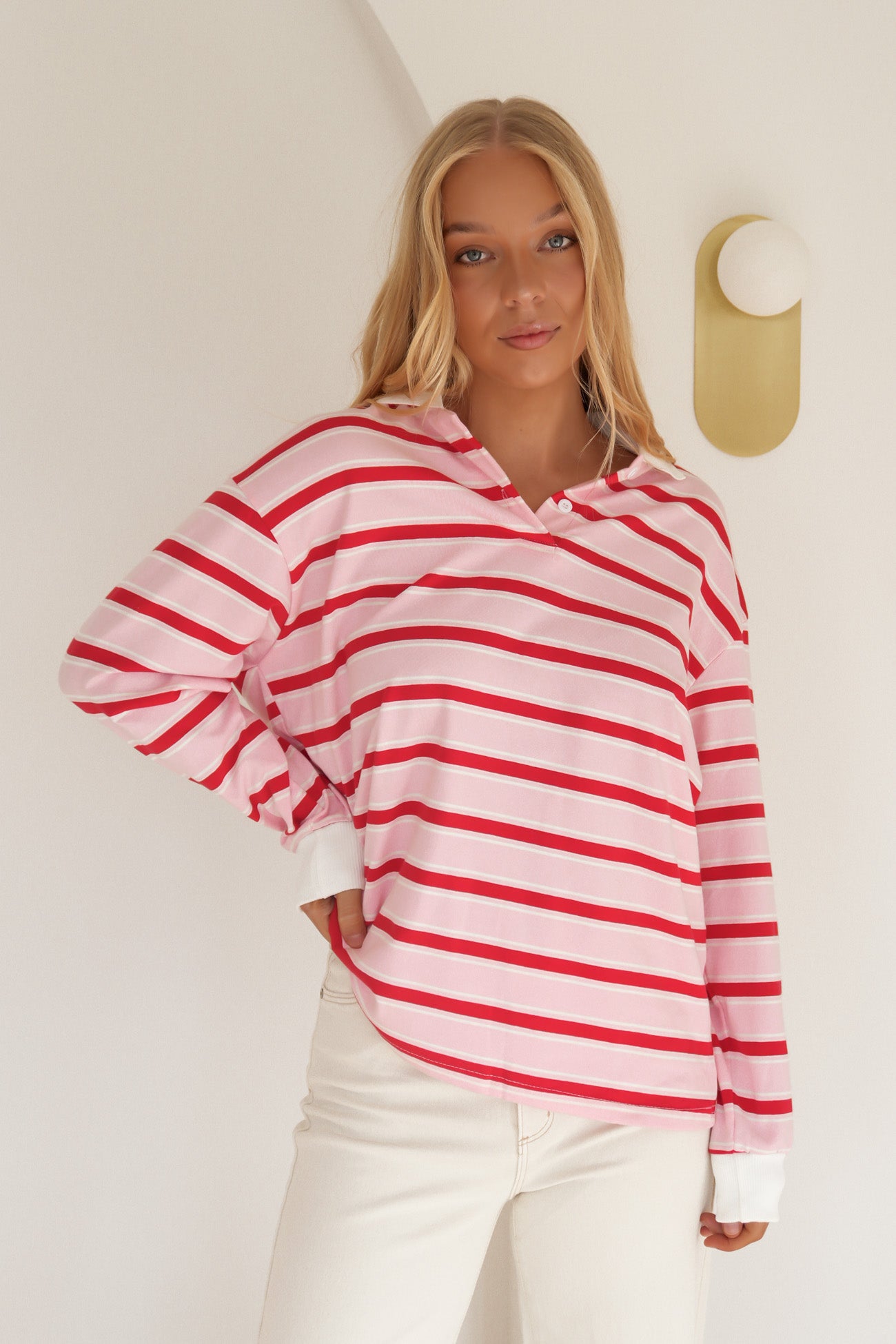 Tannah Rugby Top Pink Red Stripe