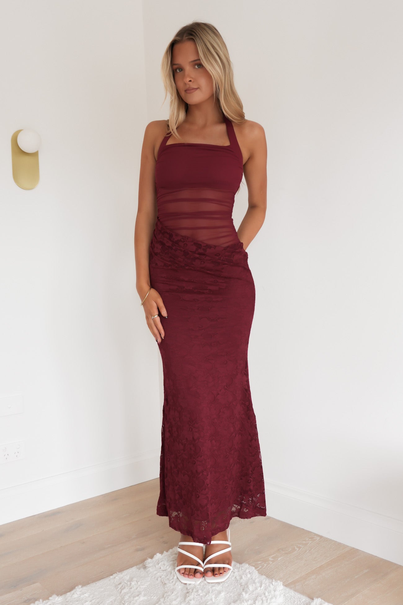 Taylse Lace Halter Maxi Dress Maroon