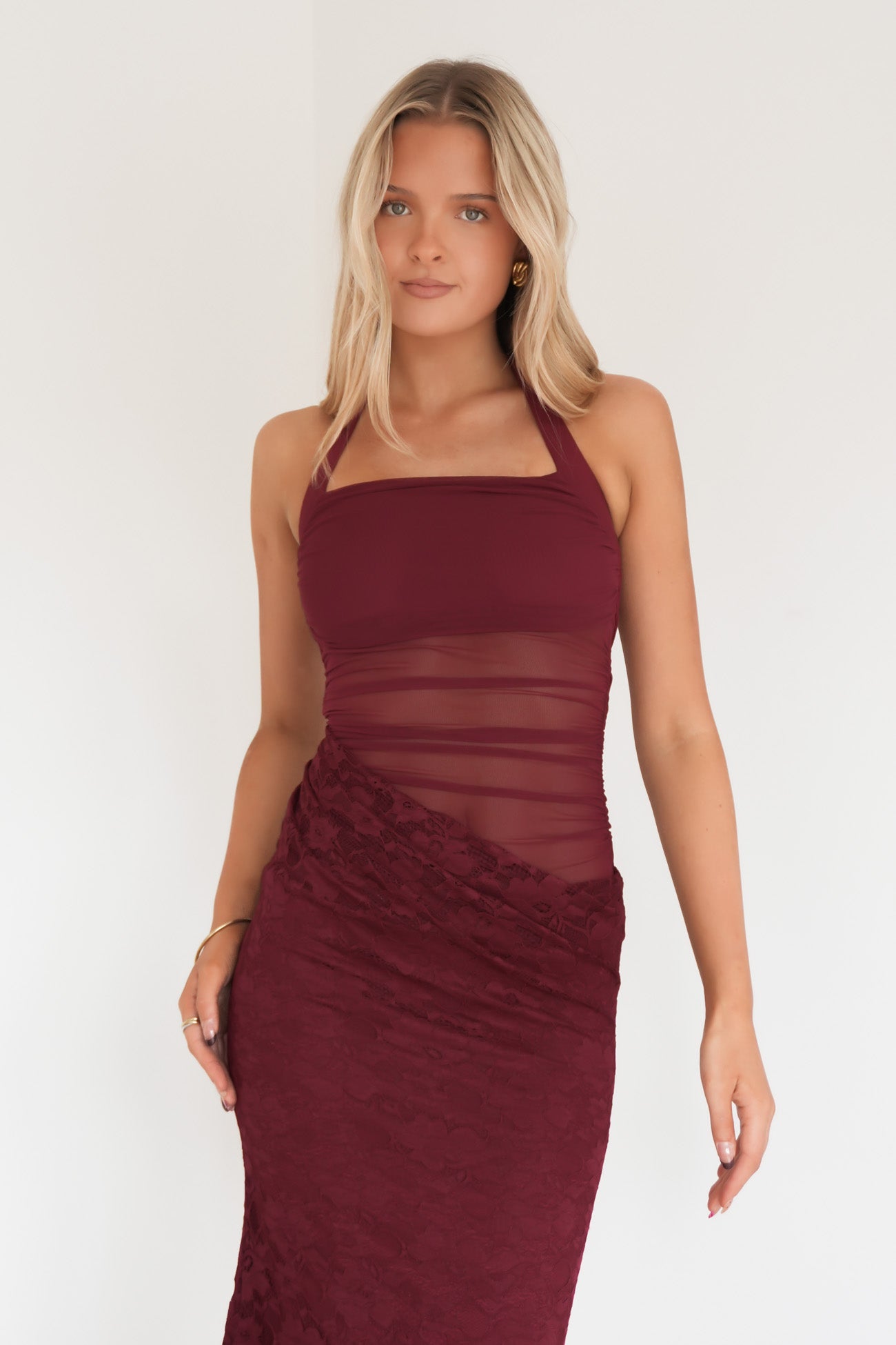 Taylse Lace Halter Maxi Dress Maroon