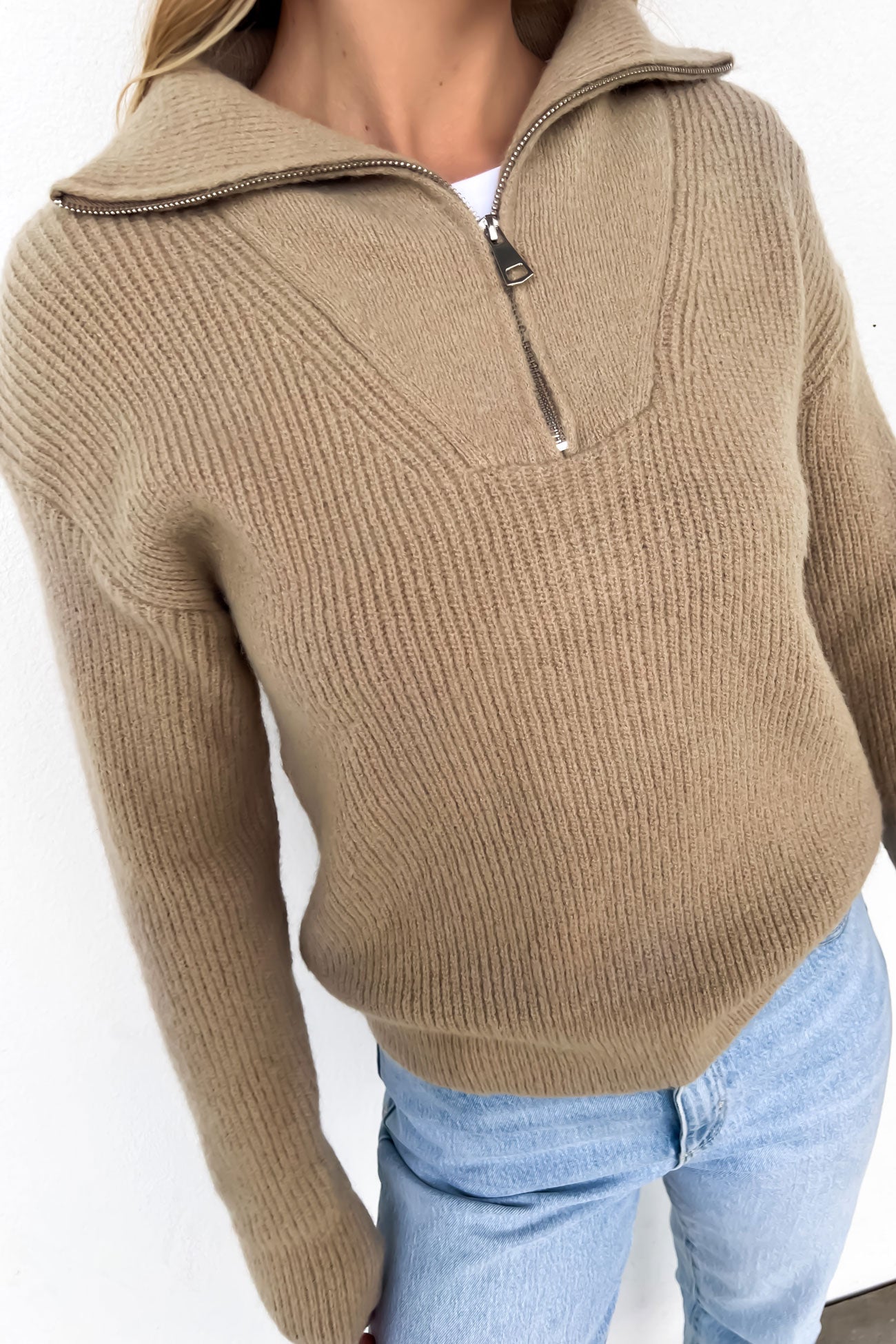 Victoria 1/4 Zip Knit Jumper Camel - Main Image