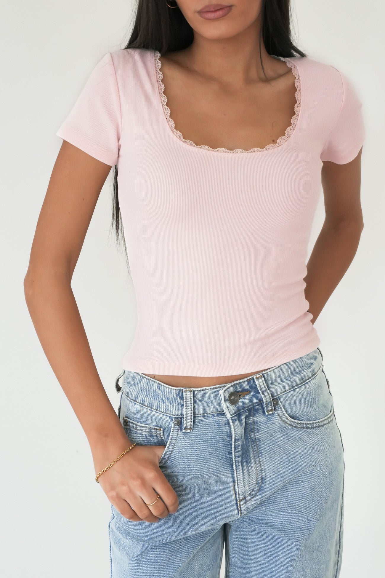 Washed Rib Lace Scoop Neck Tee Pale Pink