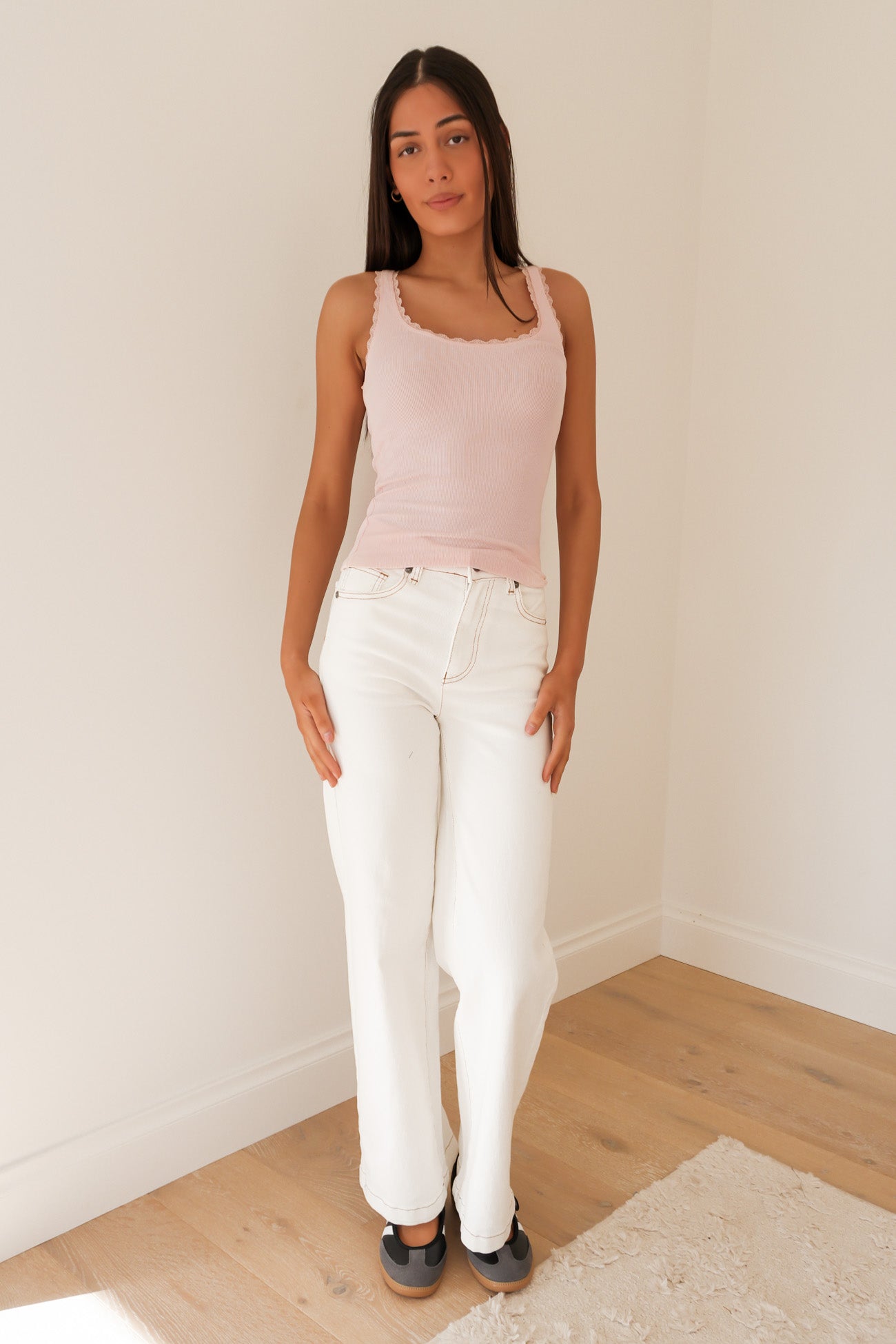 Washed Rib Lace Tank Pale Pink