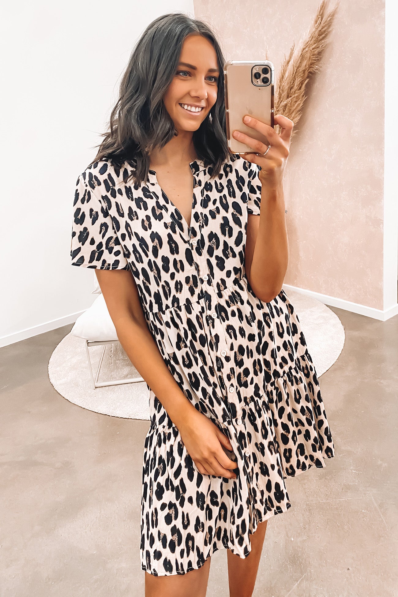 Faye Mini Dress Tan Leopard