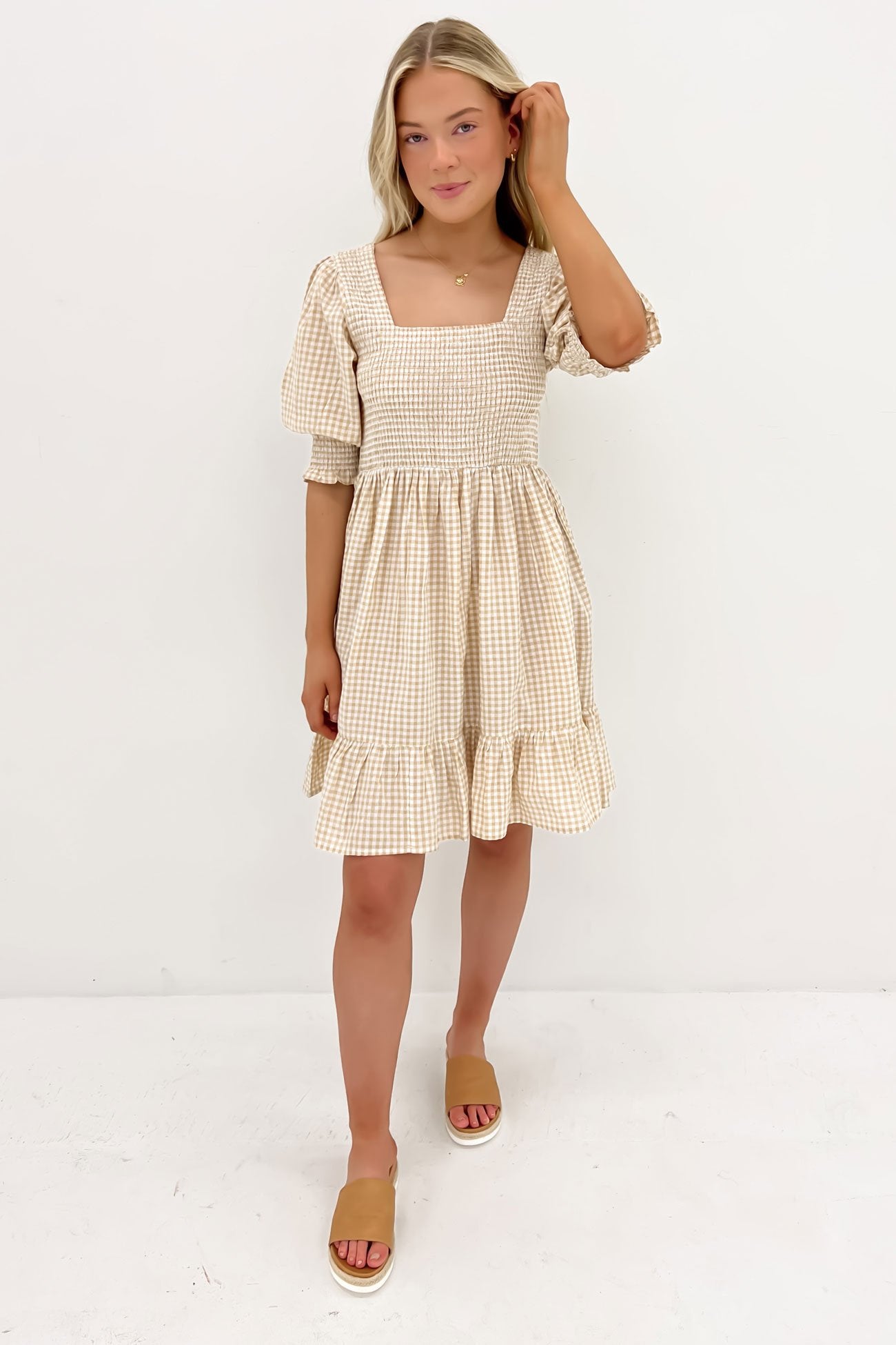 Florence Mini Dress Latte Gingham