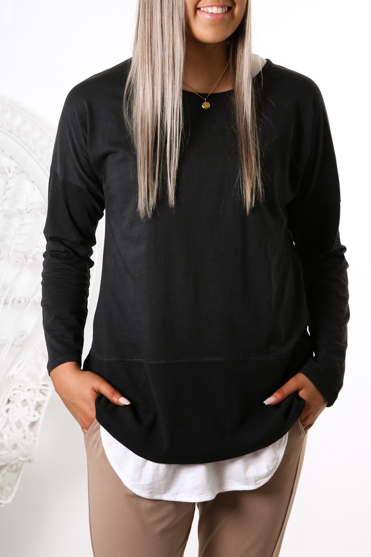 Fundamental Rib Long Sleeve Tee Washed Black