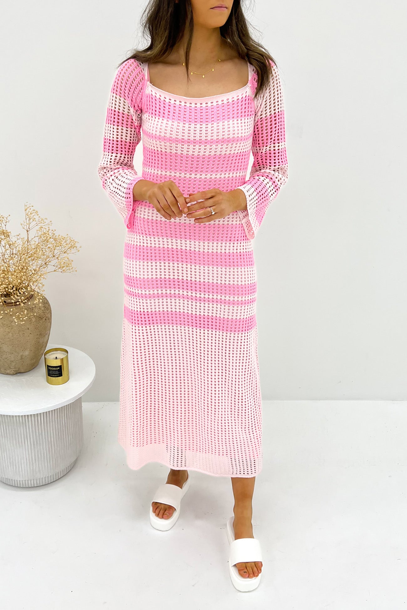 Katey Crochet Maxi Dress Pink White