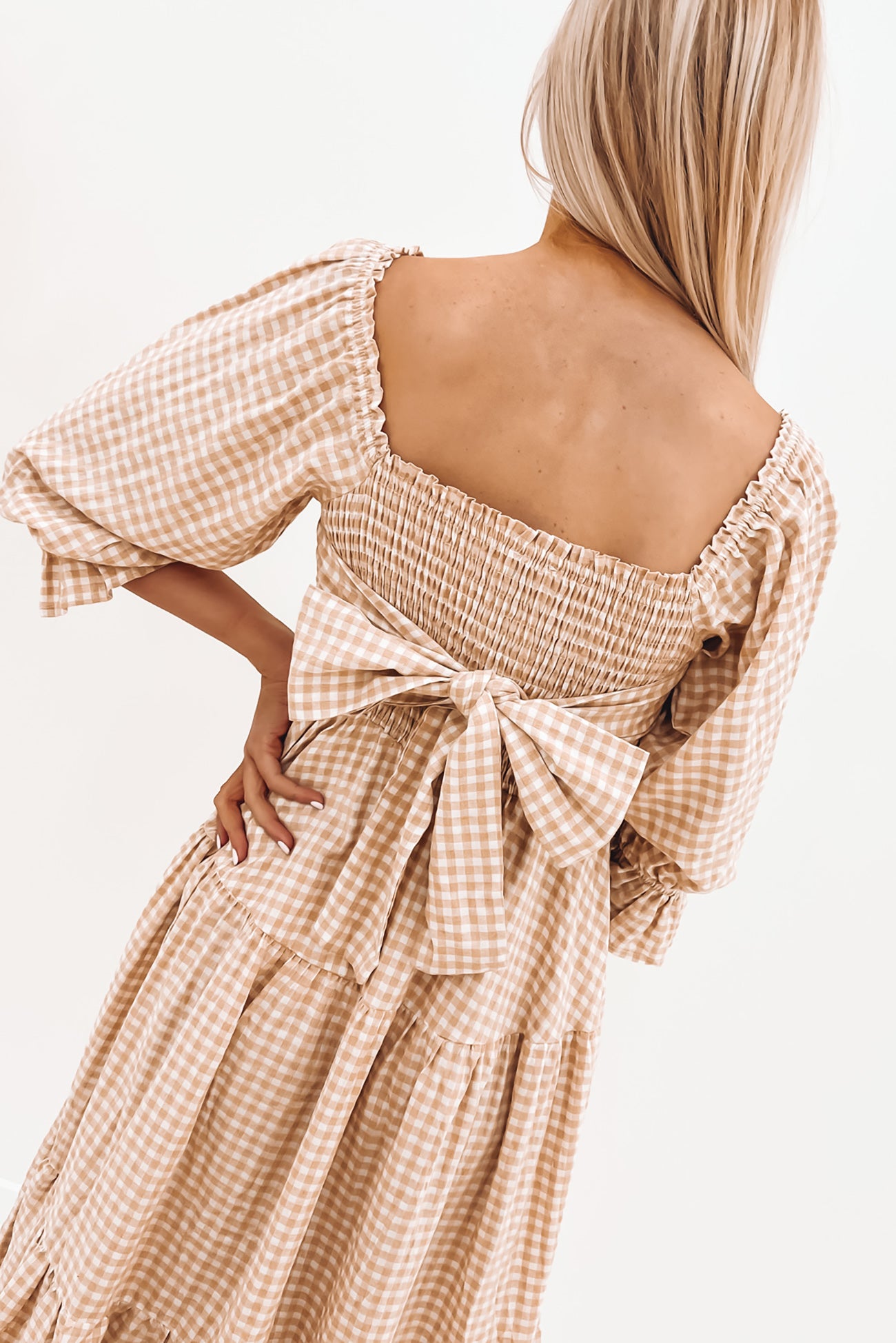 Kelsey Midi Dress Beige Check