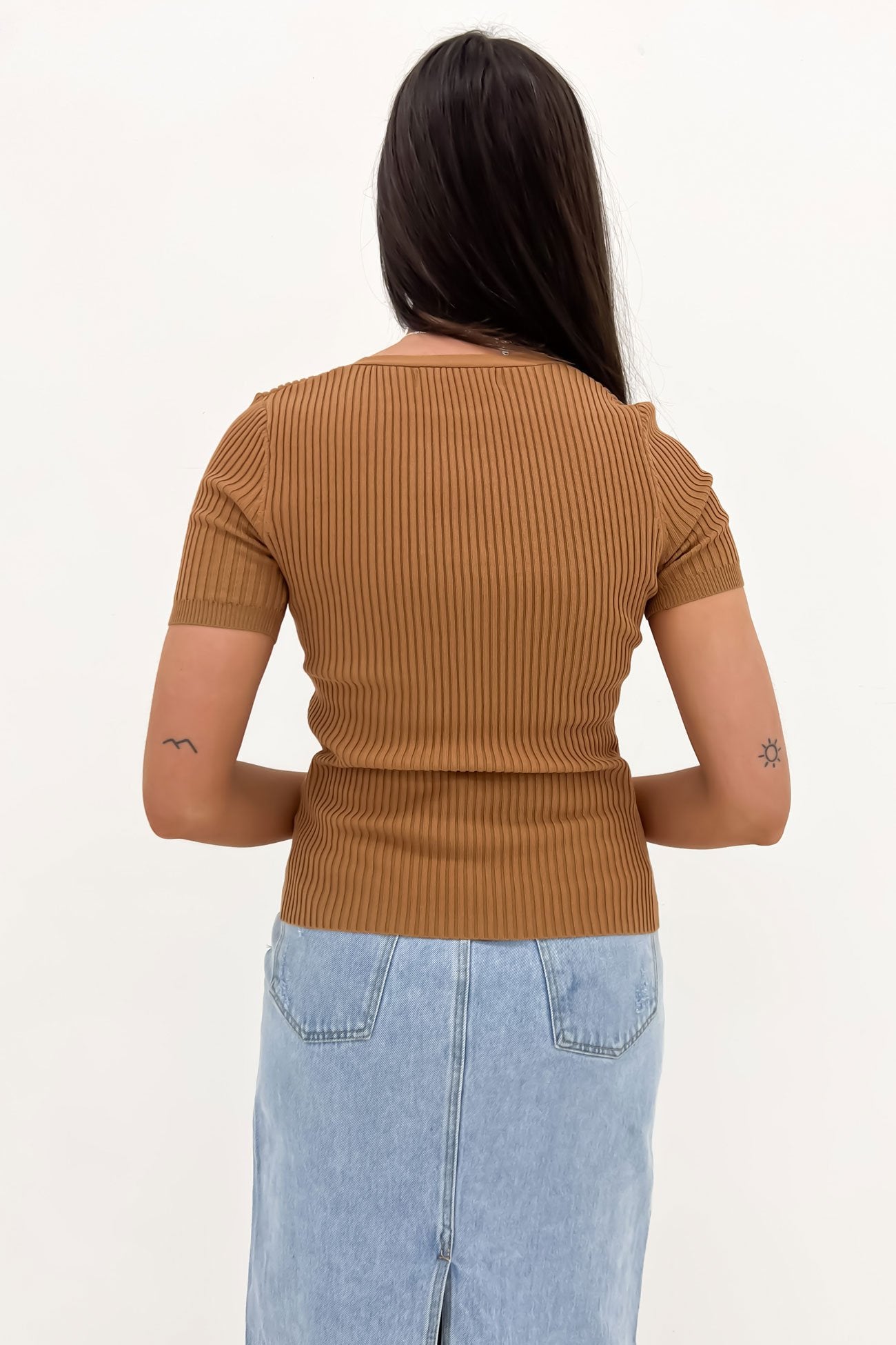 Lottie Ribbed Top Short Sleeve Tan