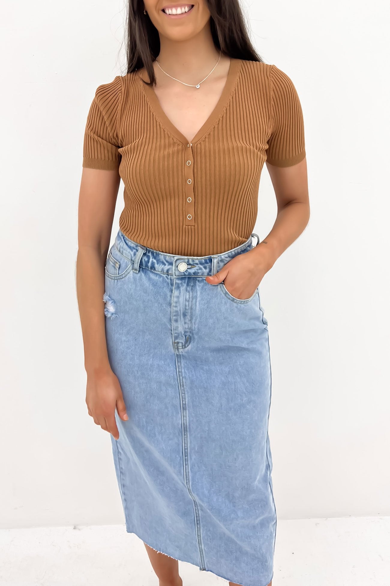 Lottie Ribbed Top Short Sleeve Tan