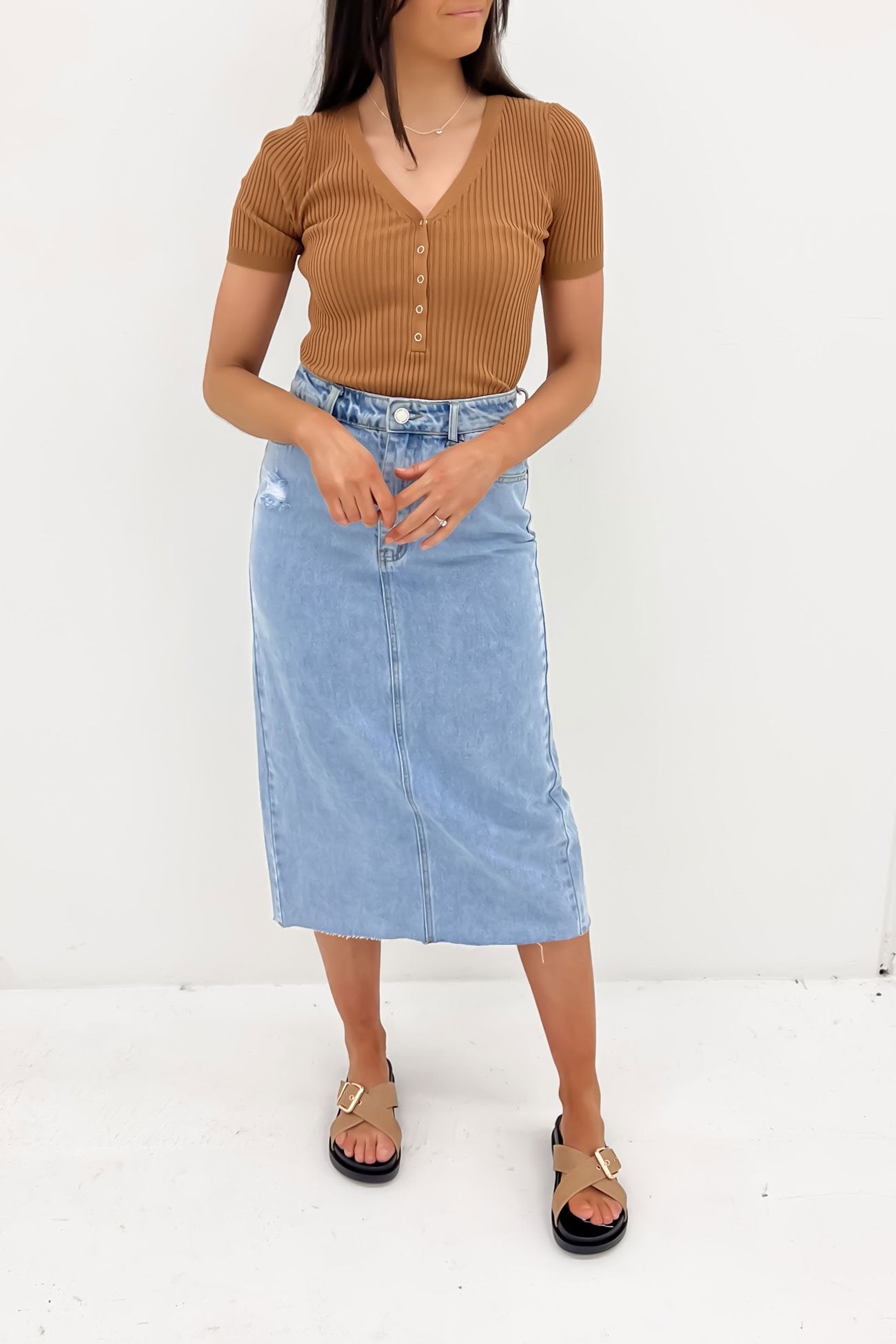 Lottie Ribbed Top Short Sleeve Tan