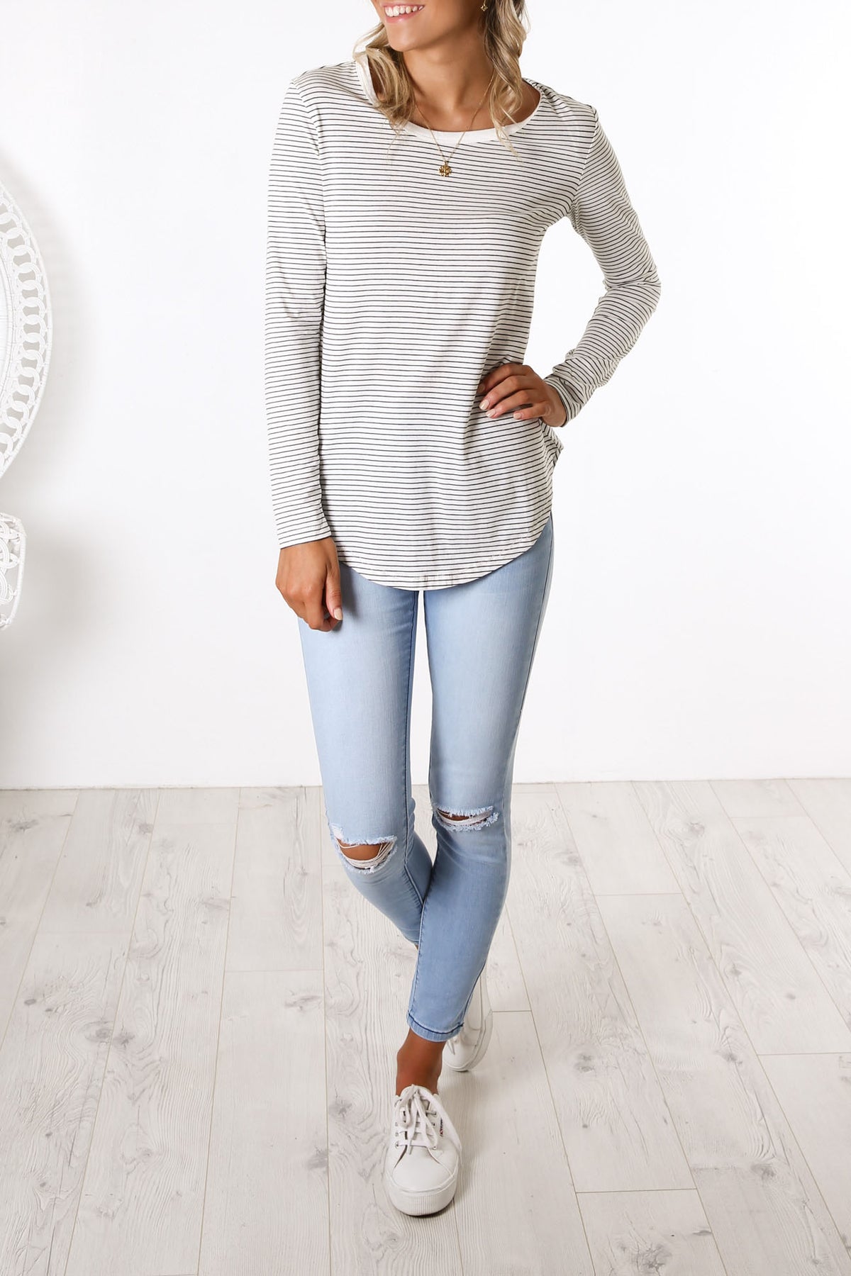 Megan Long Sleeve Top White Black Stripe