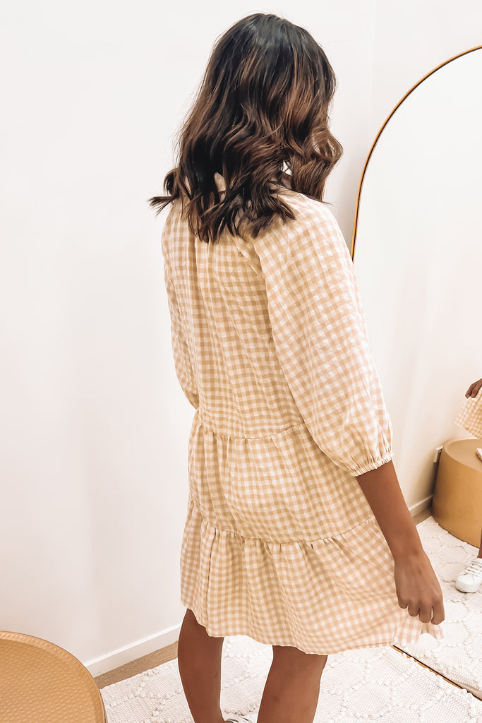 Nila Mini Dress Beige Gingham Jean Jail