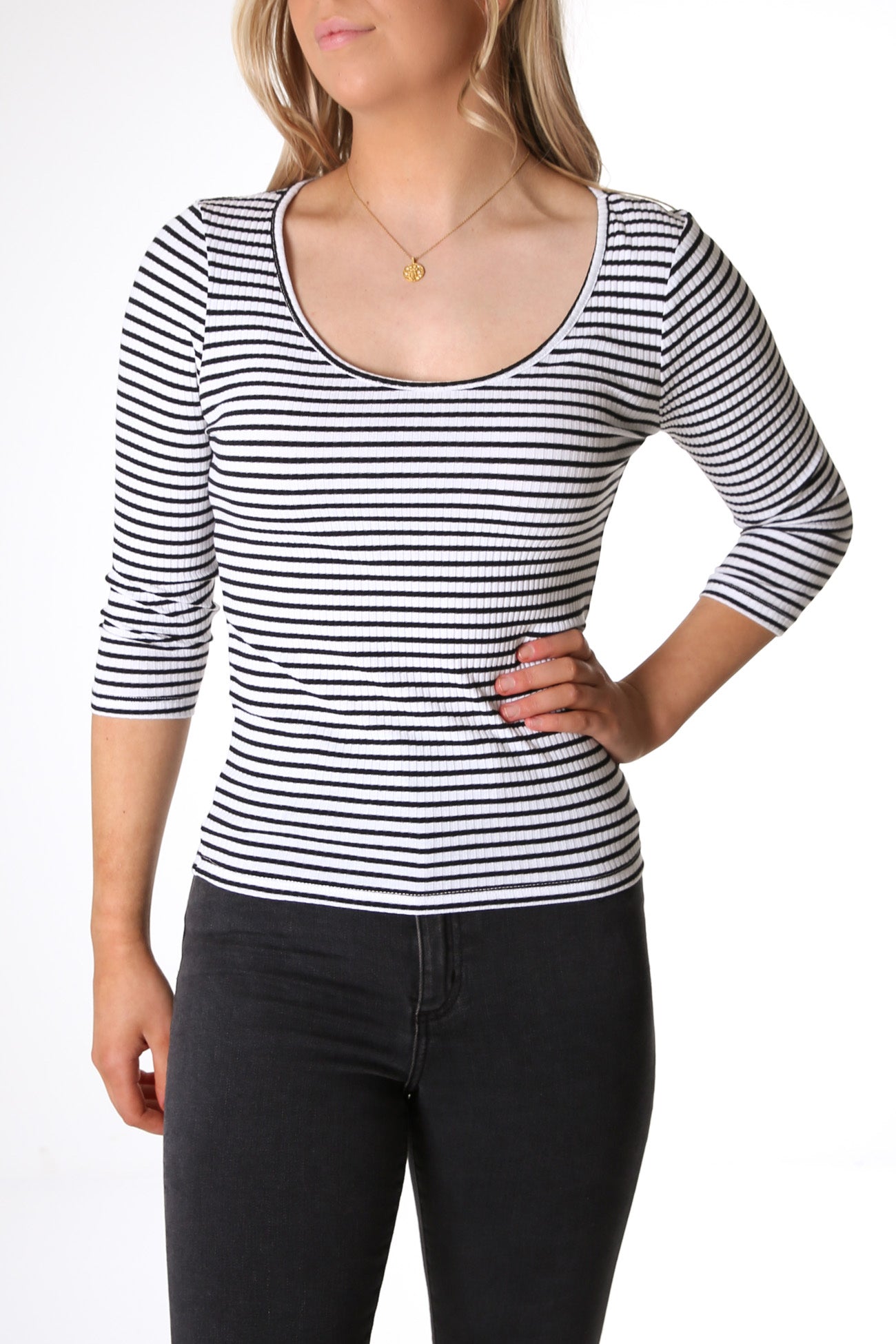 Rosa 3/4 Sleeve Rib Top White Black Stripe